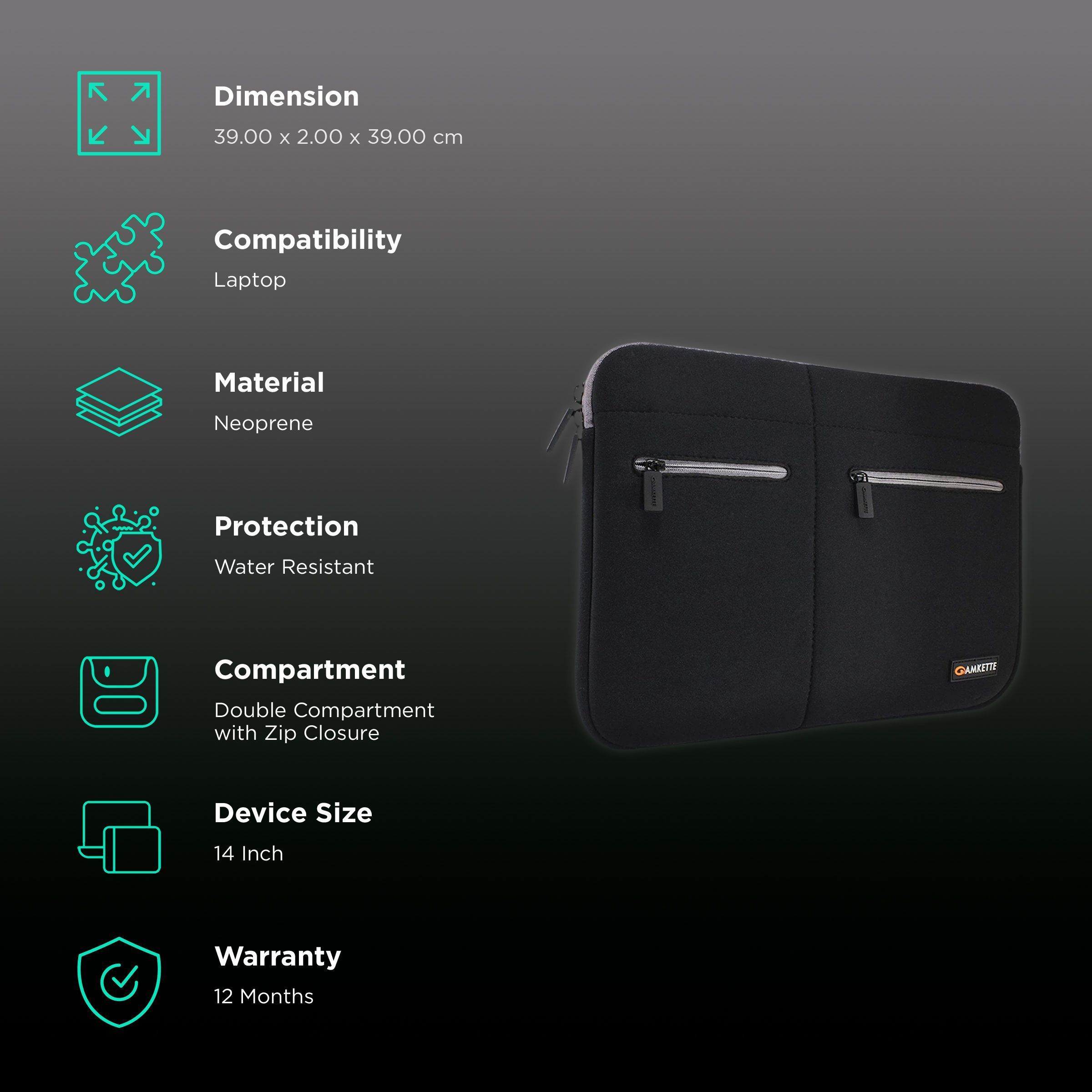 AMKETTE Neo Case MP 450 Neoprene Laptop Sleeve for 14 Inch Laptop (Water Resistant, Black/Grey)_2