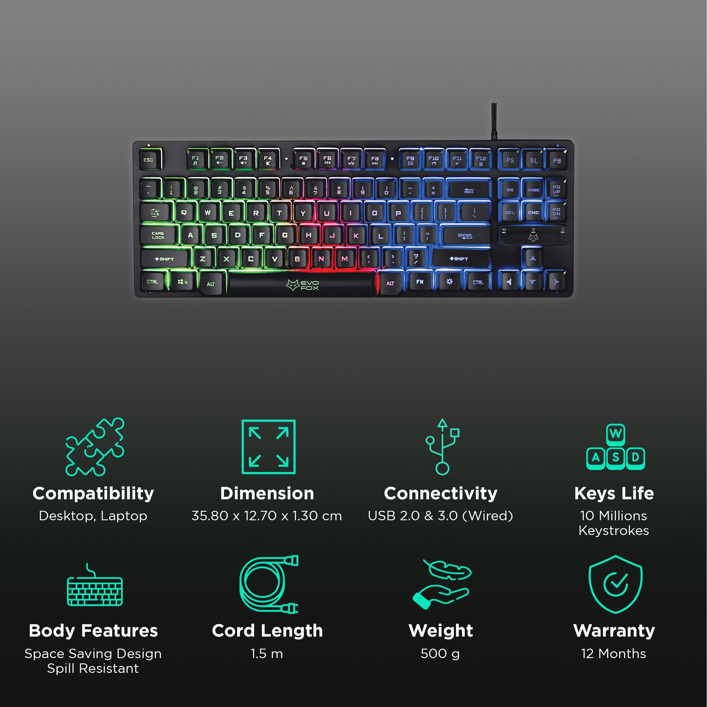 AMKETTE EvoFox Fireblade TKL Wired Gaming Keyboard with Backlit Keys (Spill Resistant, Black)_2