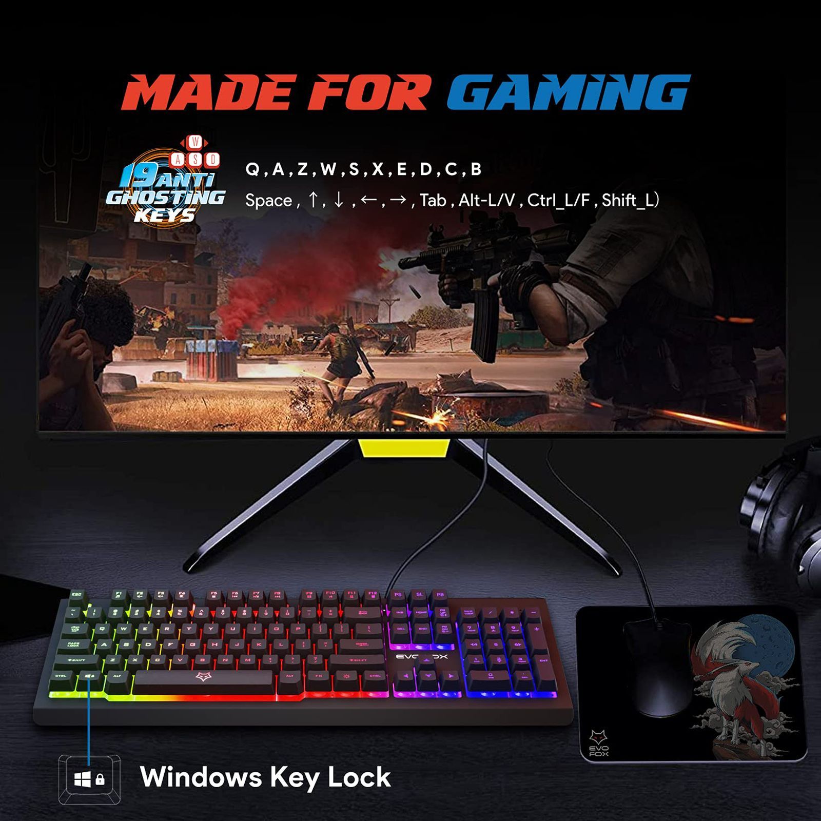 AMKETTE EvoFox Warhammer Wired Gaming Keyboard with Backlit Keys (19 Anti Ghosting Keys, Black)_5