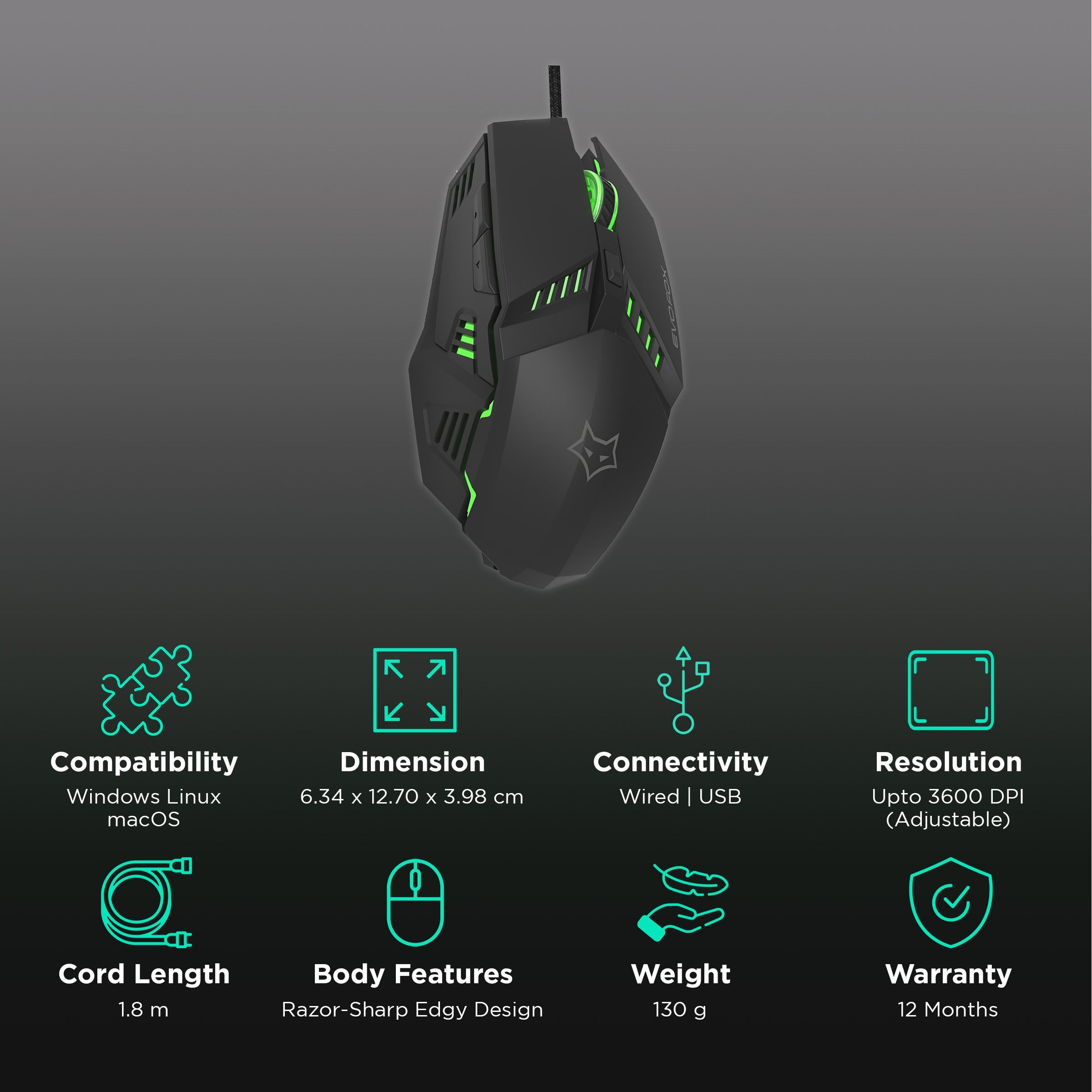 AMKETTE EvoFox Shadow Wired Optical Gaming Mouse (3600 DPI Adjustable, Razor-Sharp Edgy Design, Black)_2