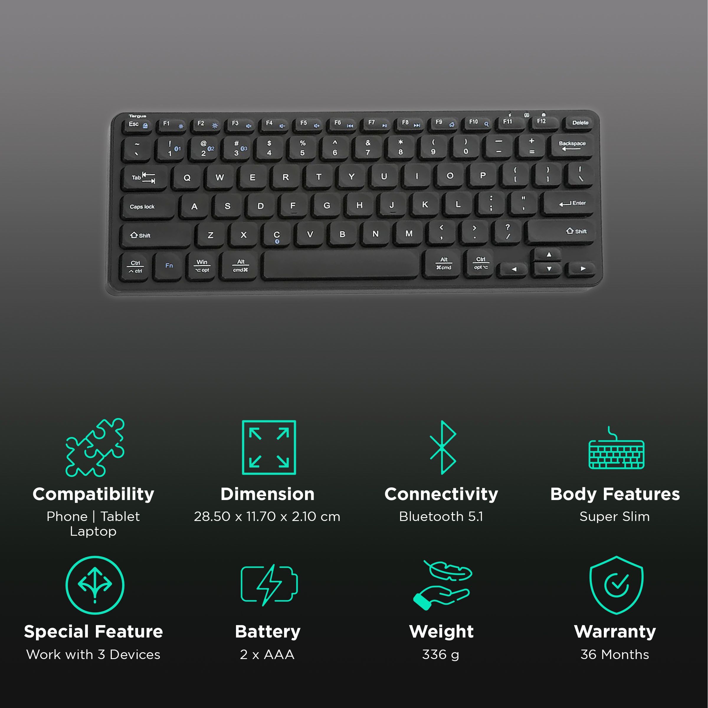 Targus Bluetooth 5.1 Wireless Performance Keyboard with Multi Device Connectivity (DefenseGuard Antimicrobial Protection, Black) Targus Bluetooth 5.1 Wireless Performance Keyboard with Multi Device Connectivity (DefenseGuard Antimicrobial Protection, Black)_2