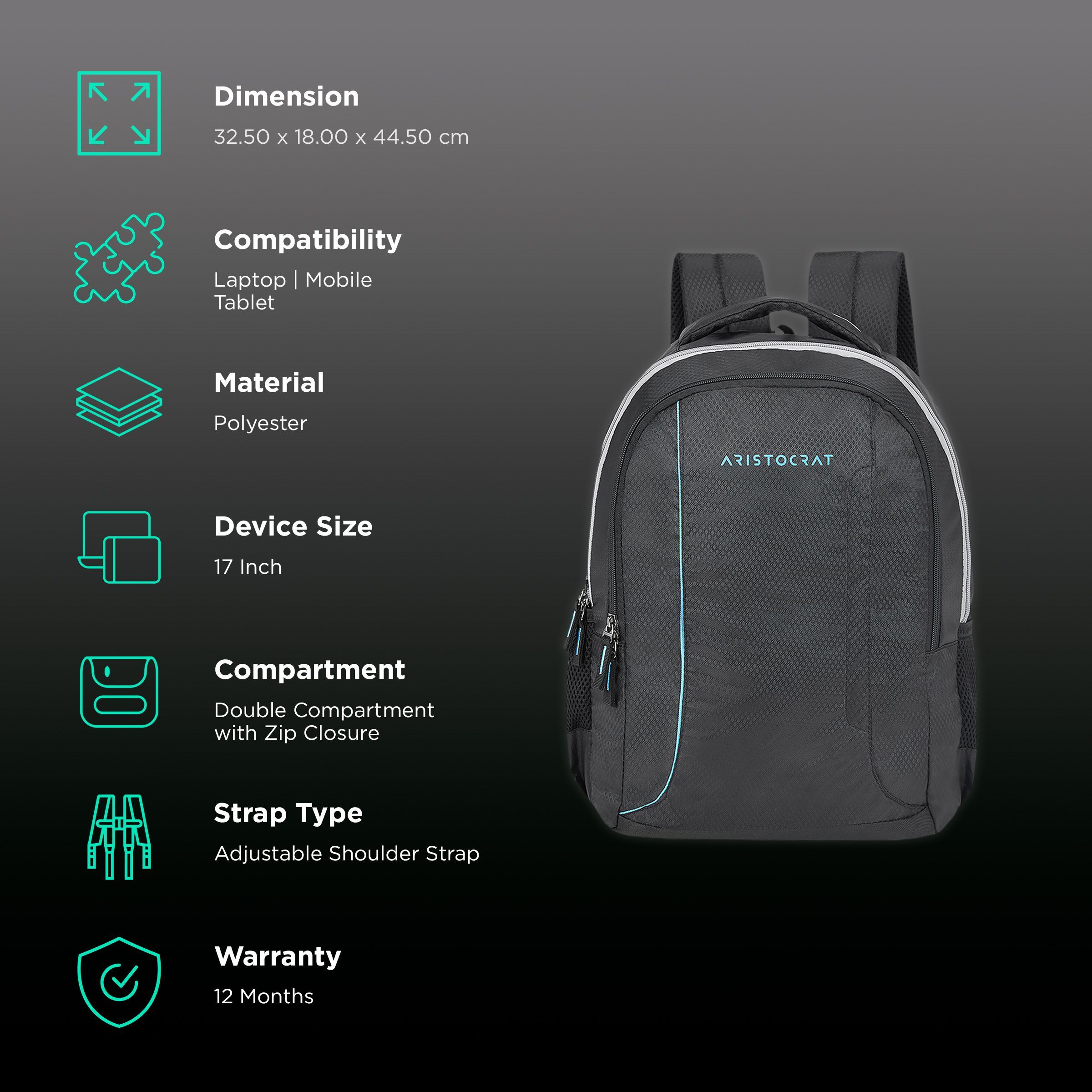 ARISTOCRAT AMP Polyester Laptop Backpack for 17 Inch Laptop (26 L, Foam Padded Grab Handle, Black) ARISTOCRAT AMP Polyester Laptop Backpack for 17 Inch Laptop (26 L, Foam Padded Grab Handle, Black)_2