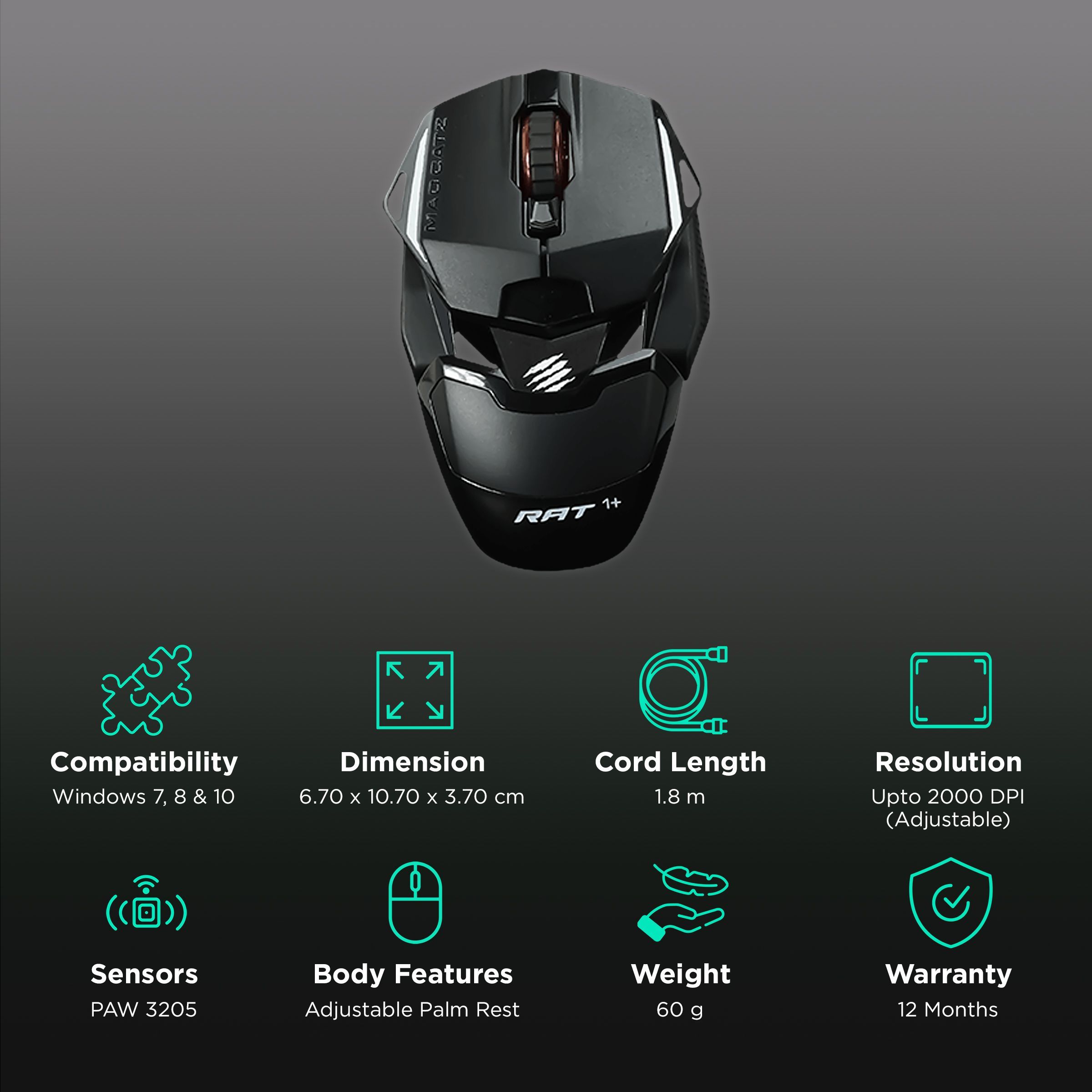 MAD CATZ R.A.T. 1+ Wired Optical Gaming Mouse (2000 DPI Adjustable, Adjustable Palm Rest, Black)_2