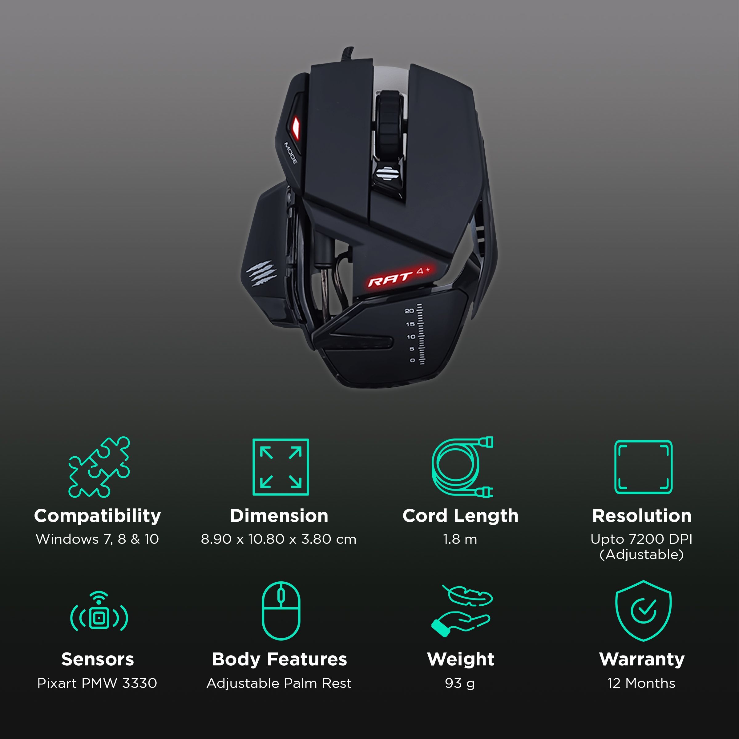 MAD CATZ R.A.T. 4+ Wired Optical Gaming Mouse (7200 DPI Adjustable, Adjustable Palm Rest, Black/White)_2