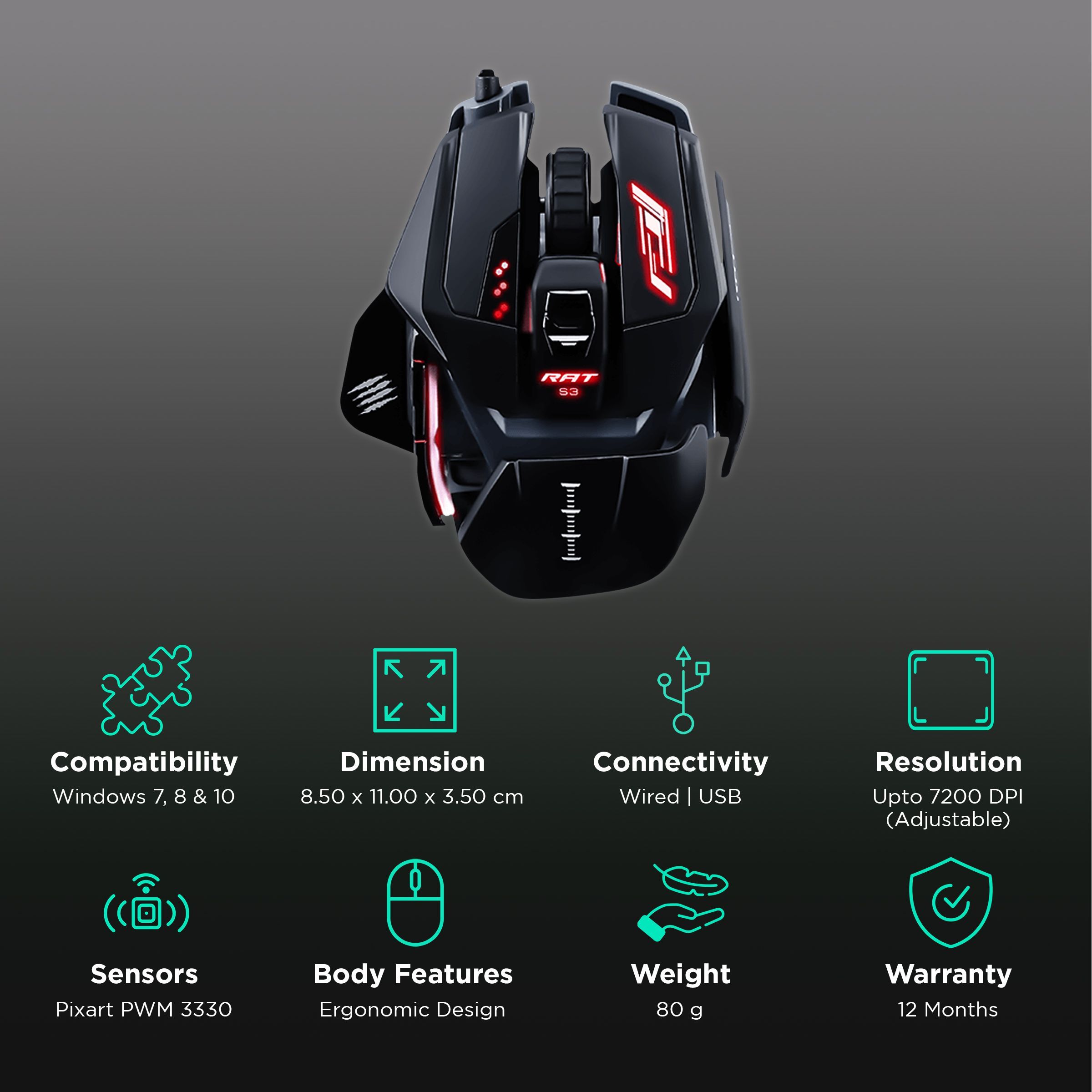 MAD CATZ R.A.T. PRO S3 Wired Optical Gaming Mouse with Customizable Buttons (7200 DPI Adjustable, Ergonomic Design, Black)_2