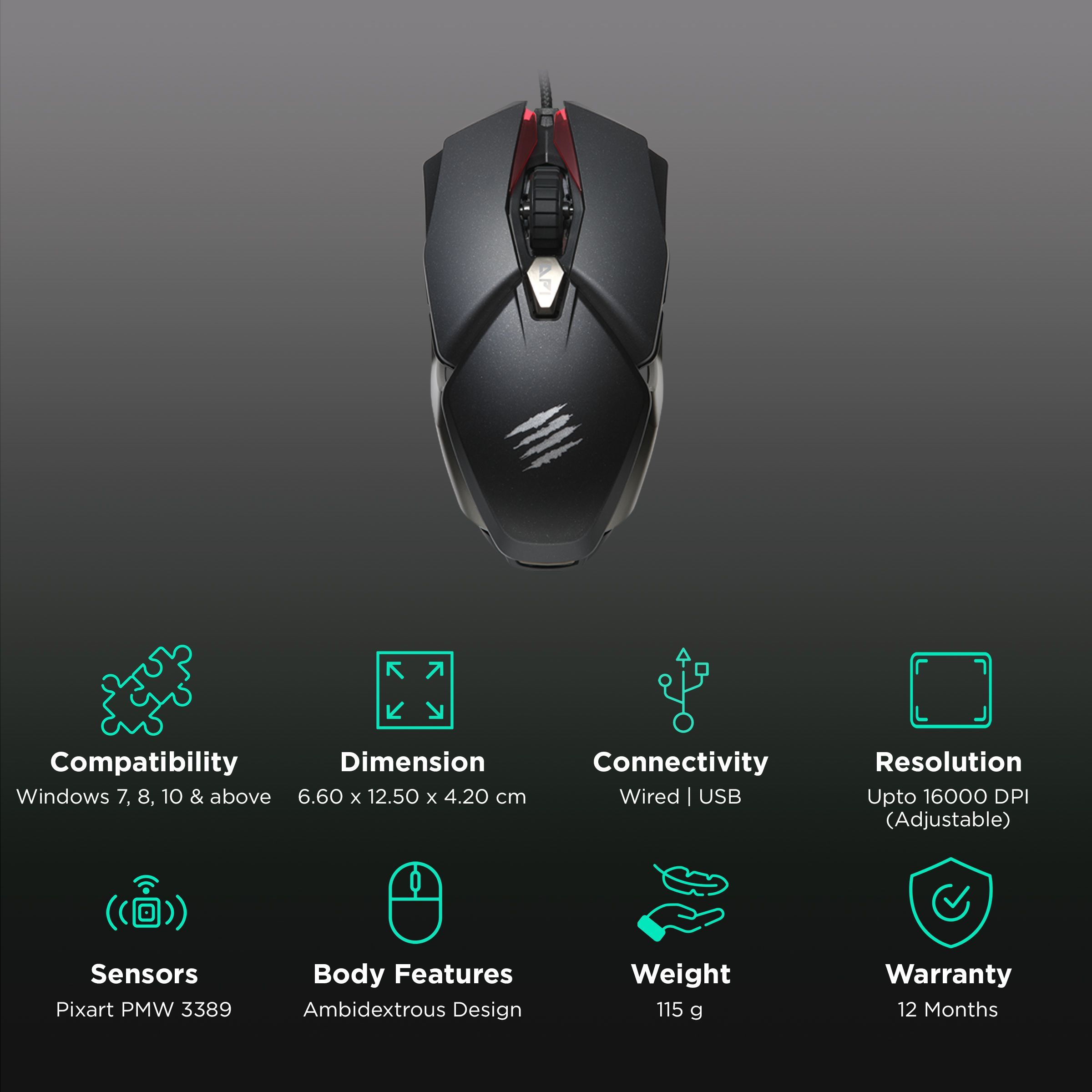 MAD CATZ B.A.T. 6+ Wired Optical Gaming Mouse with Customizable Buttons (16000 DPI Adjustable, Ambidextrous Design, Black)_2