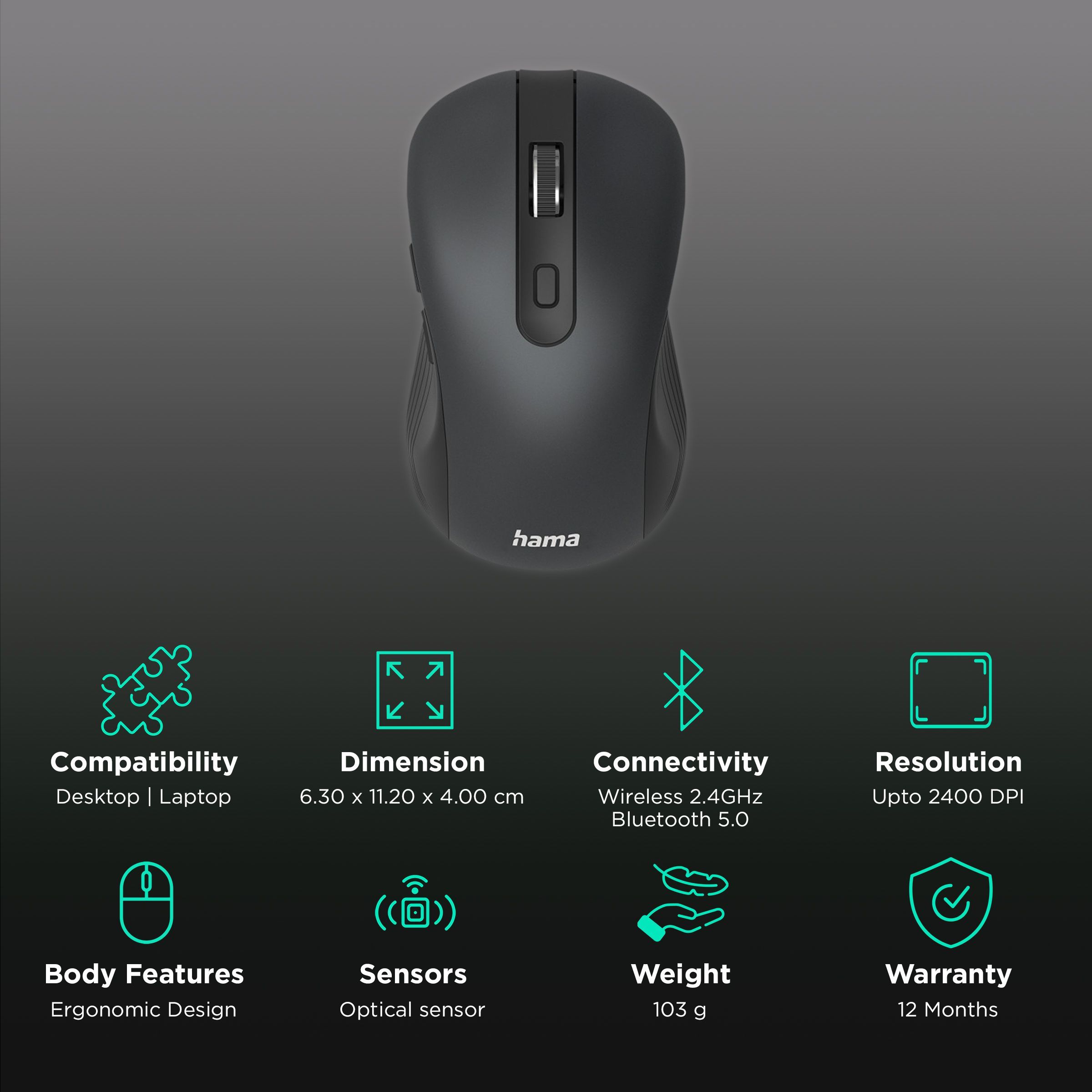 hama MW-650 Wireless Optical Mouse (2400 DPI, Ergonomic Design, Black)_2