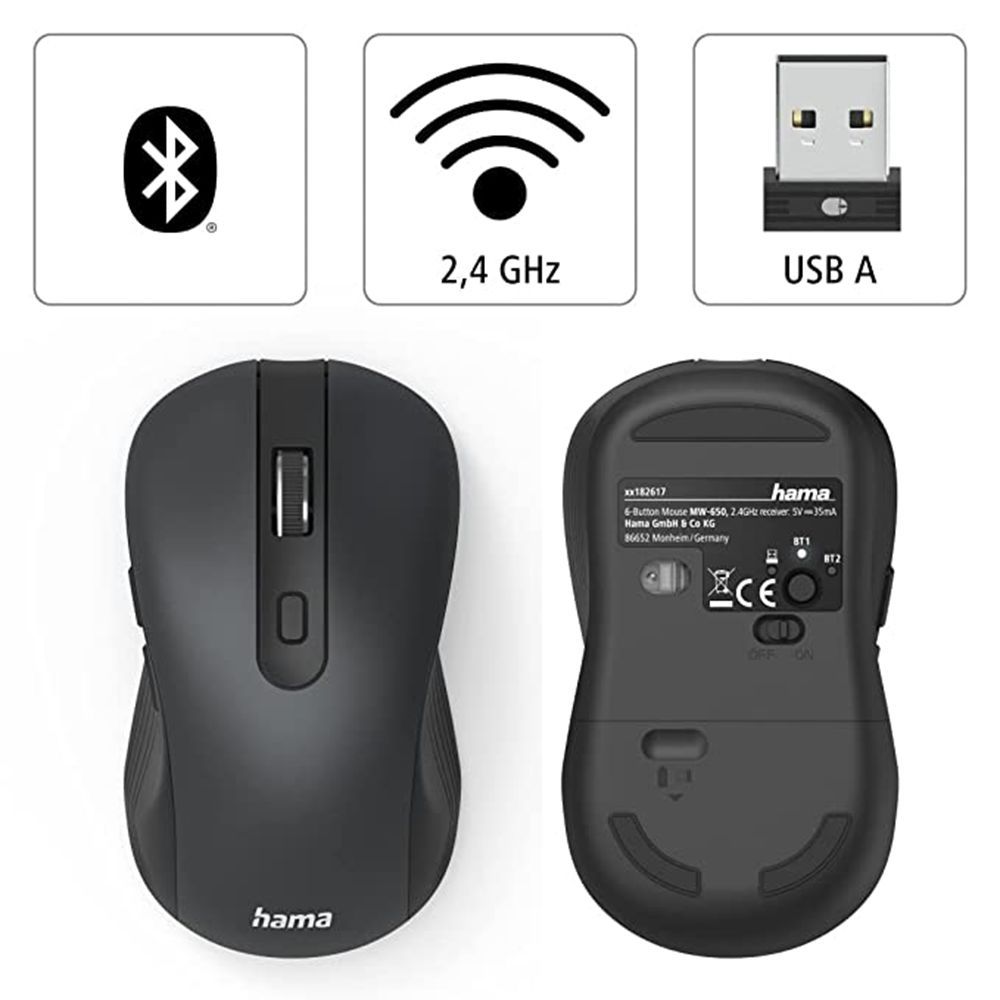hama MW-650 Wireless Optical Mouse (2400 DPI, Ergonomic Design, Black)_6