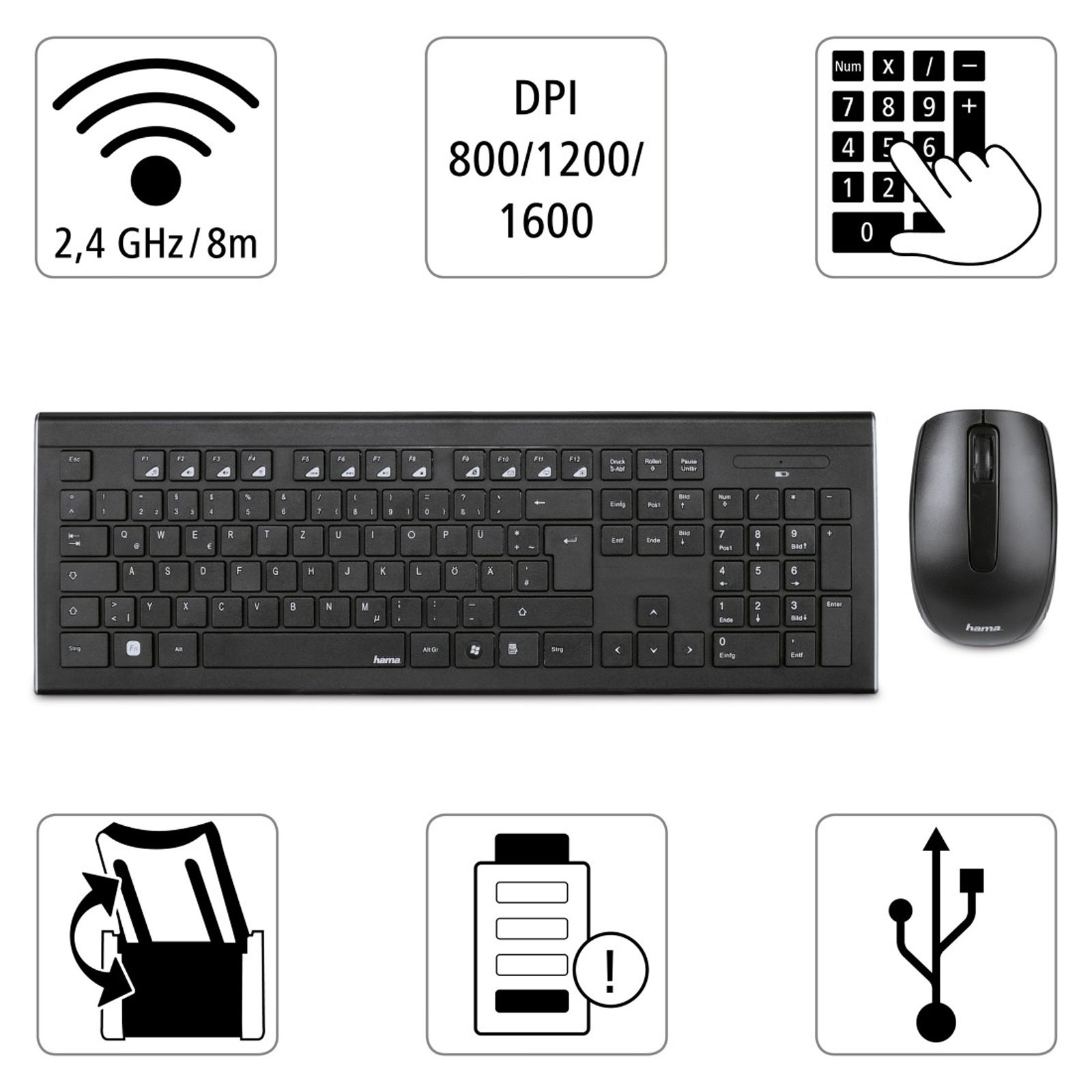 hama Cortino Wireless Keyboard & Mouse Combo (105 Keys, 1600 DPI Adjustable, Adjustable Sensitivity, Black)_11