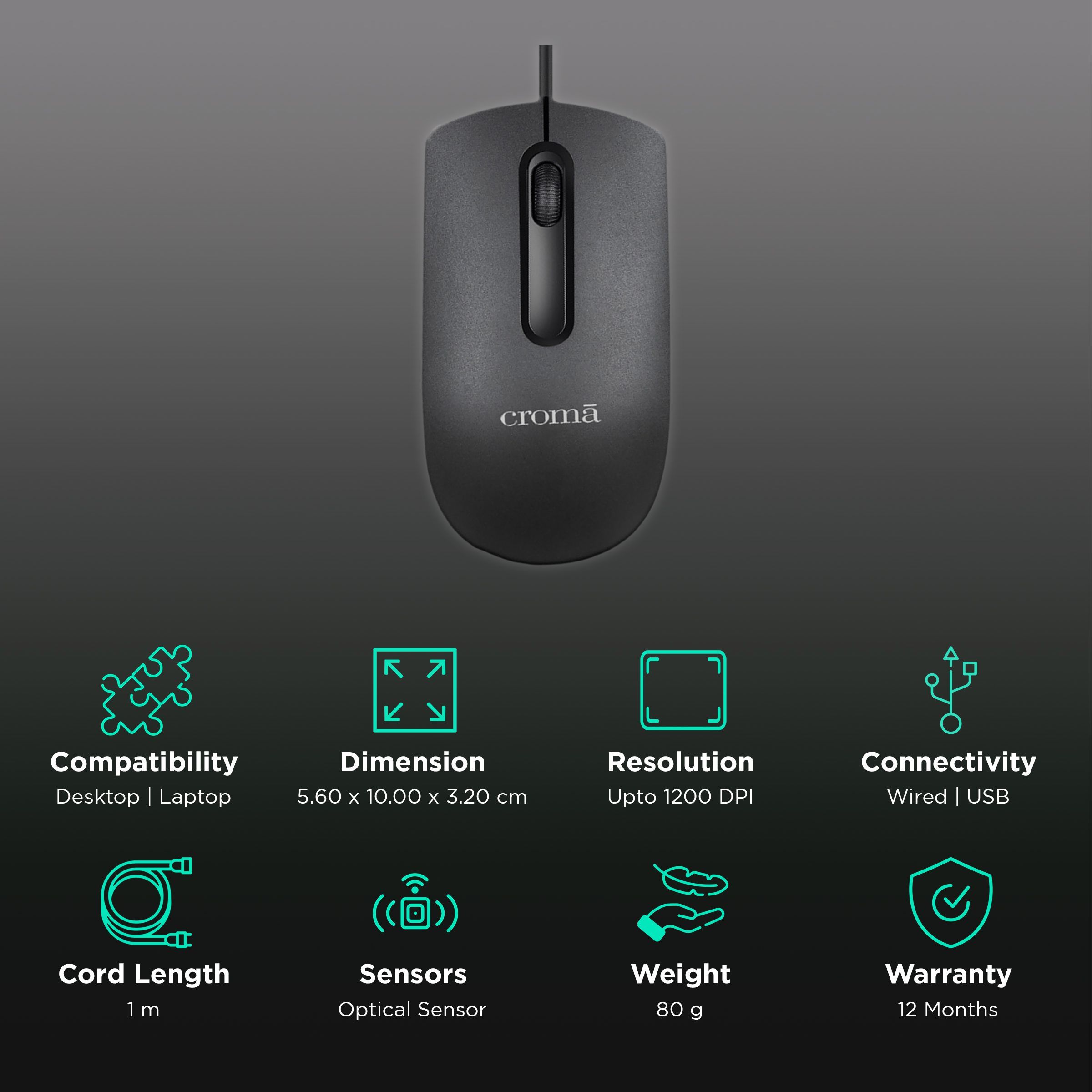 Croma Wired Optical Mouse (1200 DPI, Plug & Play, Black) Croma Wired Optical Mouse (1200 DPI, Plug & Play, Black)_2