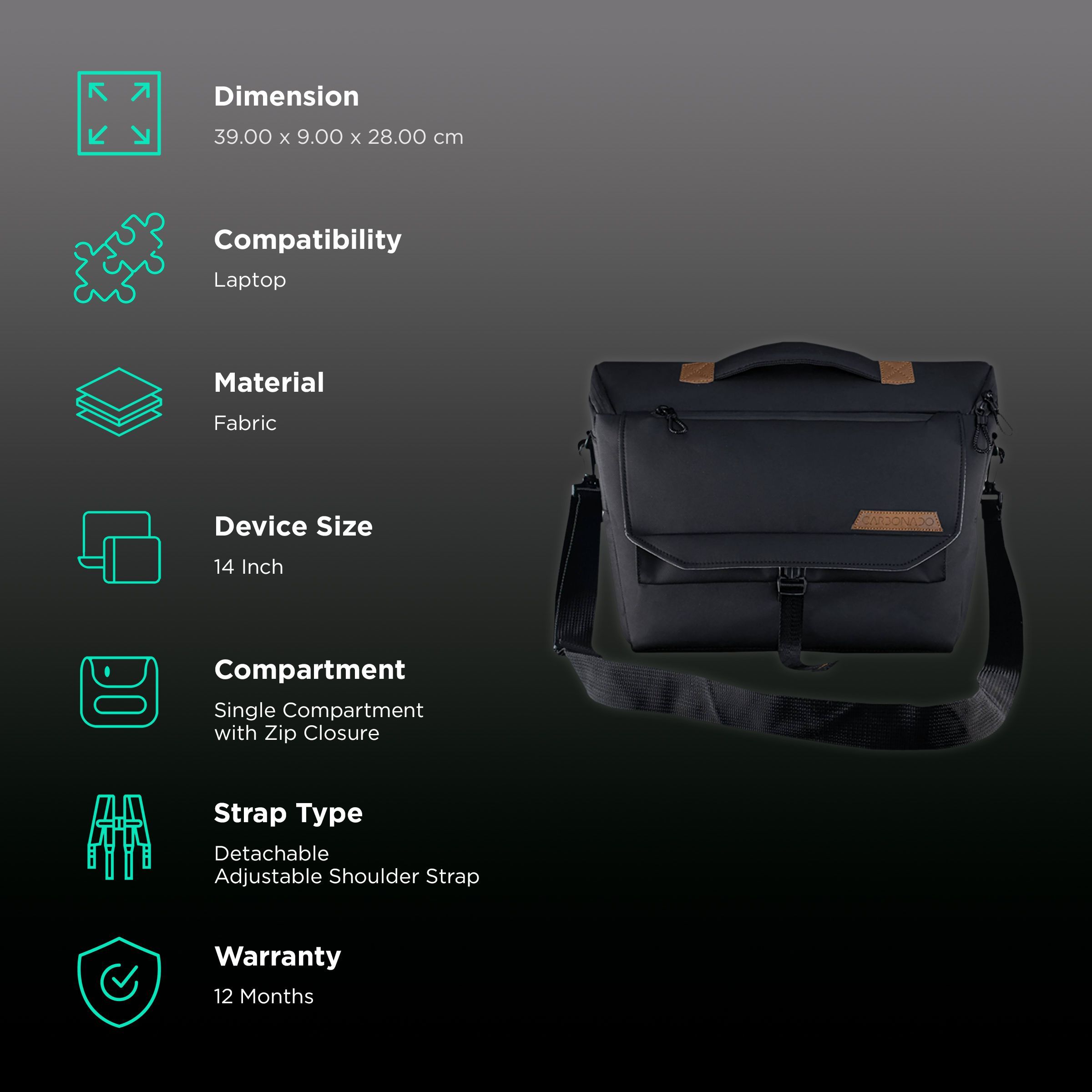 Carbonado Envoy Fabric Laptop Sling Bag for 14 Inch Laptop (10 L, G Hook, Black)_3