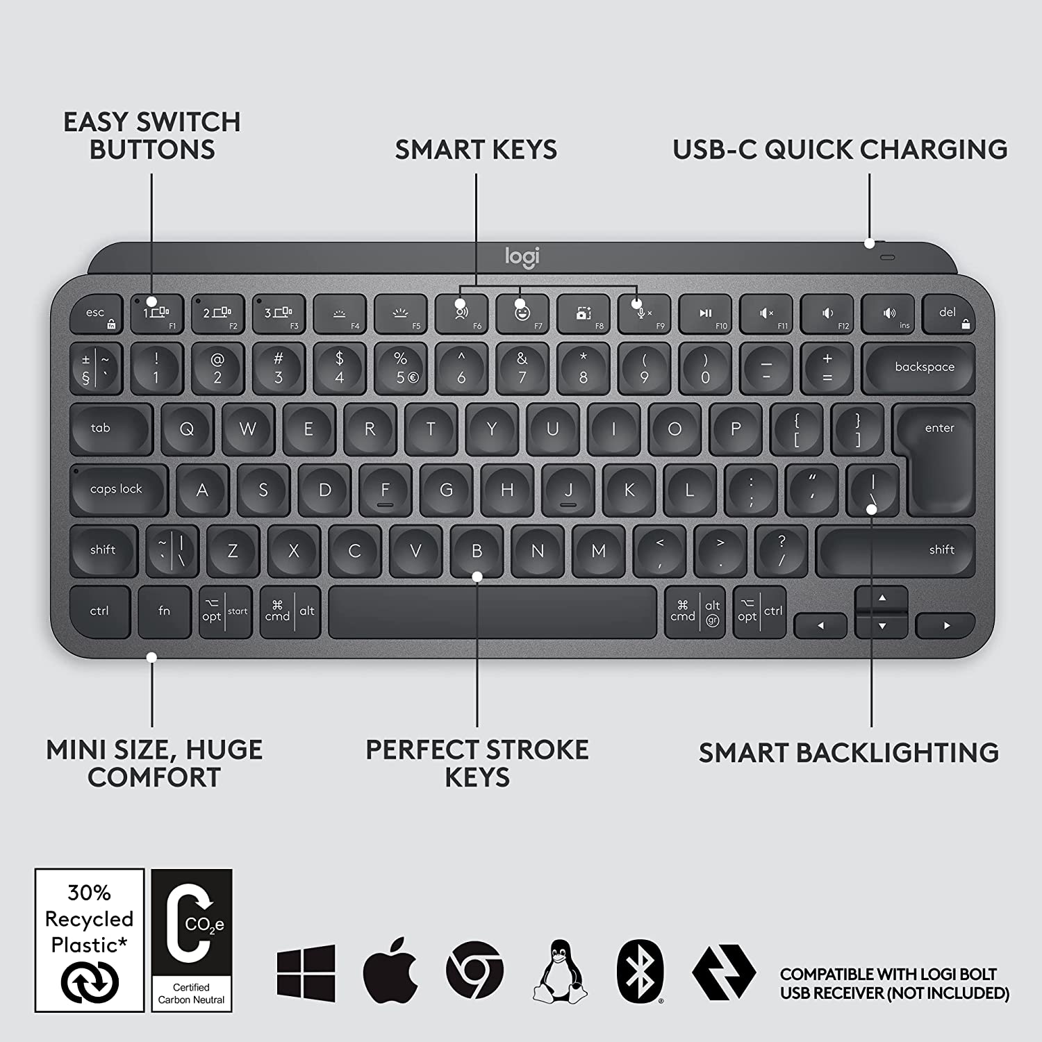 logitech MX Keys Mini Rechargeable Bluetooth Wireless Keyboard with Multi Device Connectivity (Hand Proximity Sensors, Graphite)_14