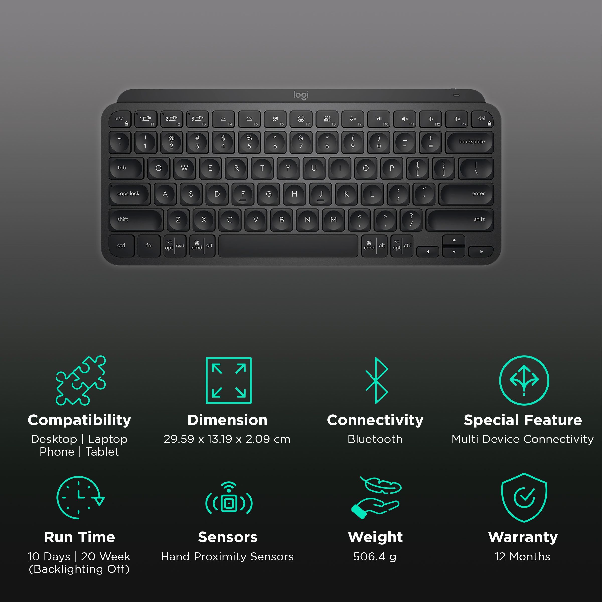 logitech MX Keys Mini Rechargeable Bluetooth Wireless Keyboard with Multi Device Connectivity (Hand Proximity Sensors, Graphite)_2