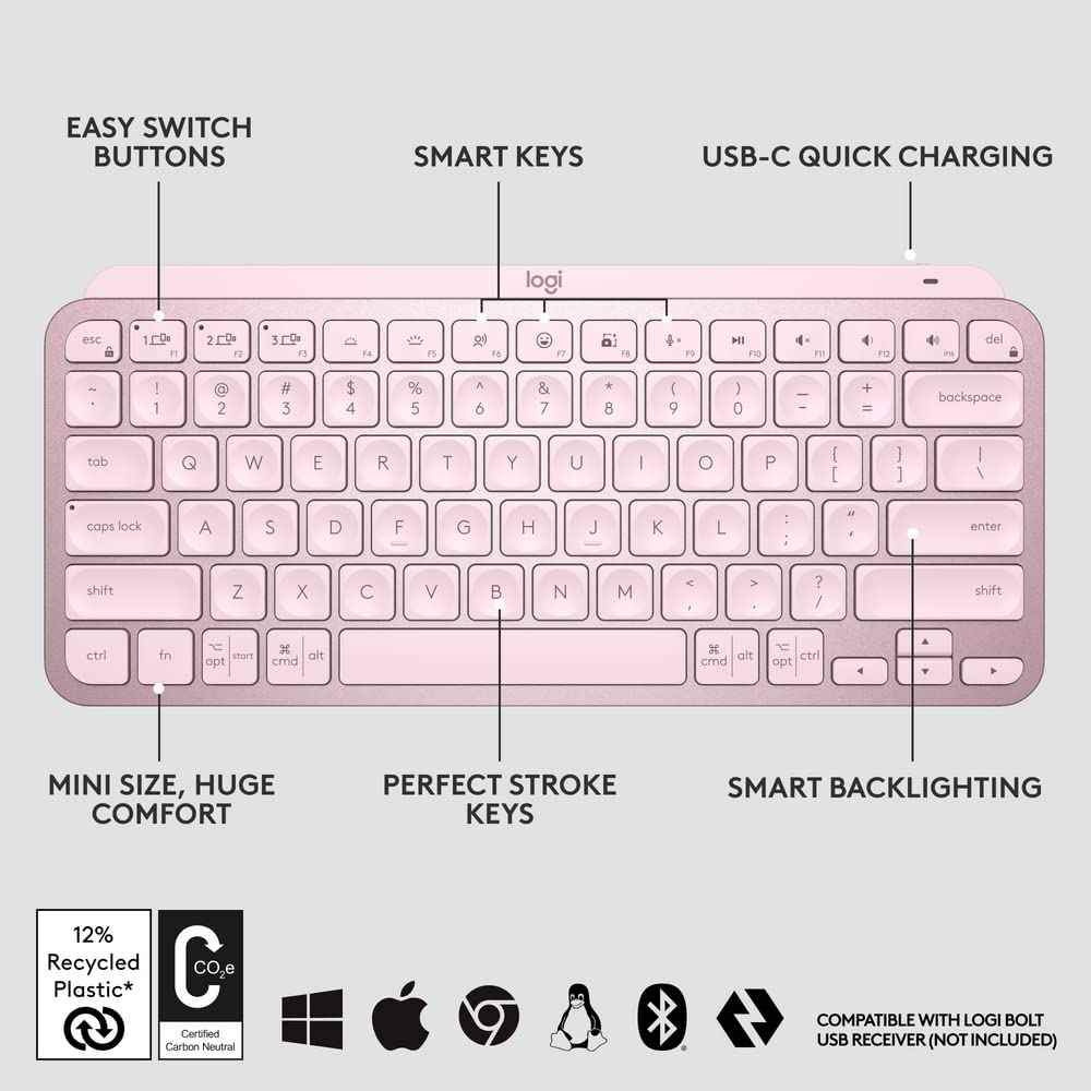 logitech MX Keys Mini Rechargeable Bluetooth Wireless Keyboard with Multi Device Connectivity (Ambient Light Sensors, Rose) logitech MX Keys Mini Rechargeable Bluetooth Wireless Keyboard with Multi Device Connectivity (Ambient Light Sensors, Rose)_14