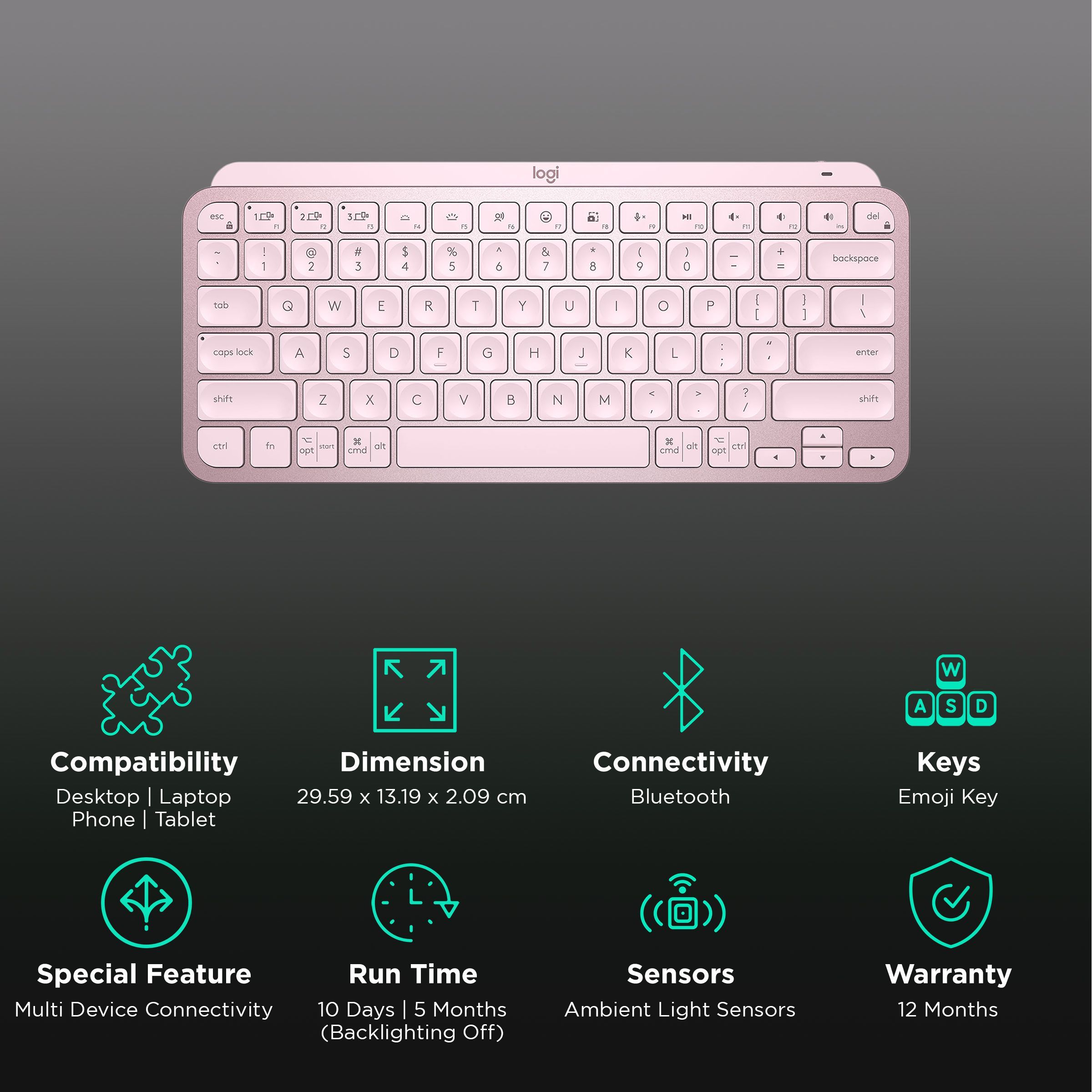 logitech MX Keys Mini Rechargeable Bluetooth Wireless Keyboard with Multi Device Connectivity (Ambient Light Sensors, Rose) logitech MX Keys Mini Rechargeable Bluetooth Wireless Keyboard with Multi Device Connectivity (Ambient Light Sensors, Rose)_2