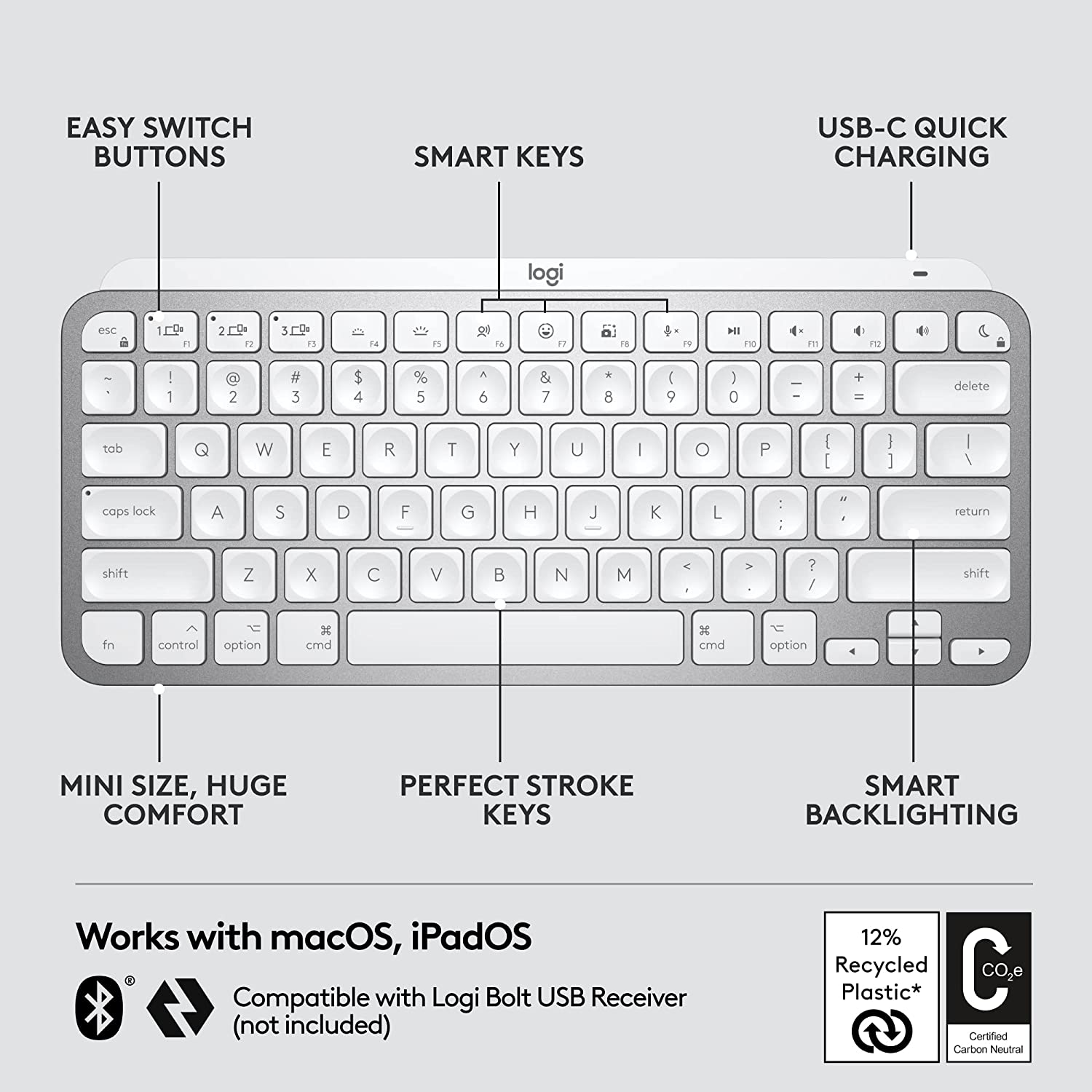 logitech MX Keys Mini Rechargeable Bluetooth Wireless Keyboard with Multi Device Connectivity (Ambient Light Sensors, Pale Grey)_13