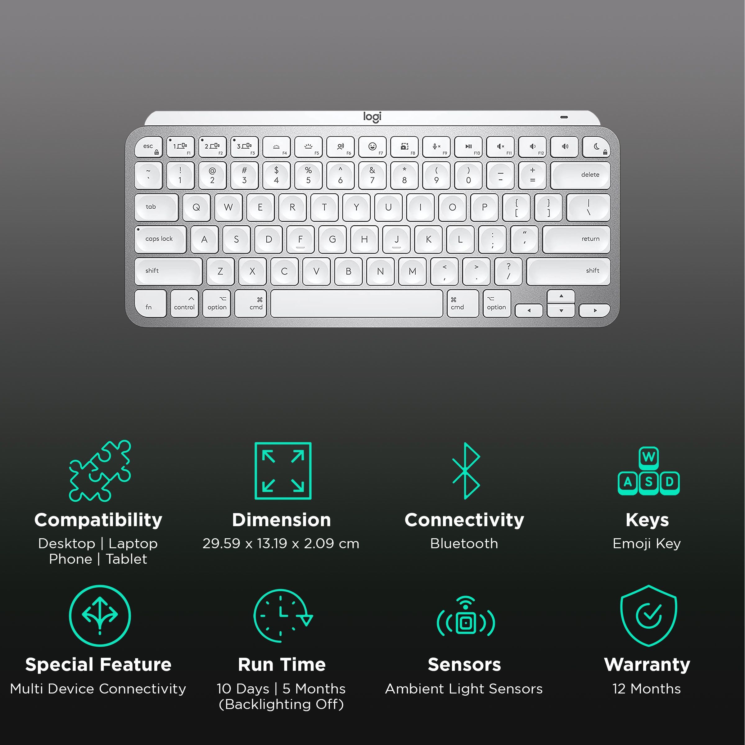 logitech MX Keys Mini Rechargeable Bluetooth Wireless Keyboard with Multi Device Connectivity (Ambient Light Sensors, Pale Grey)_2