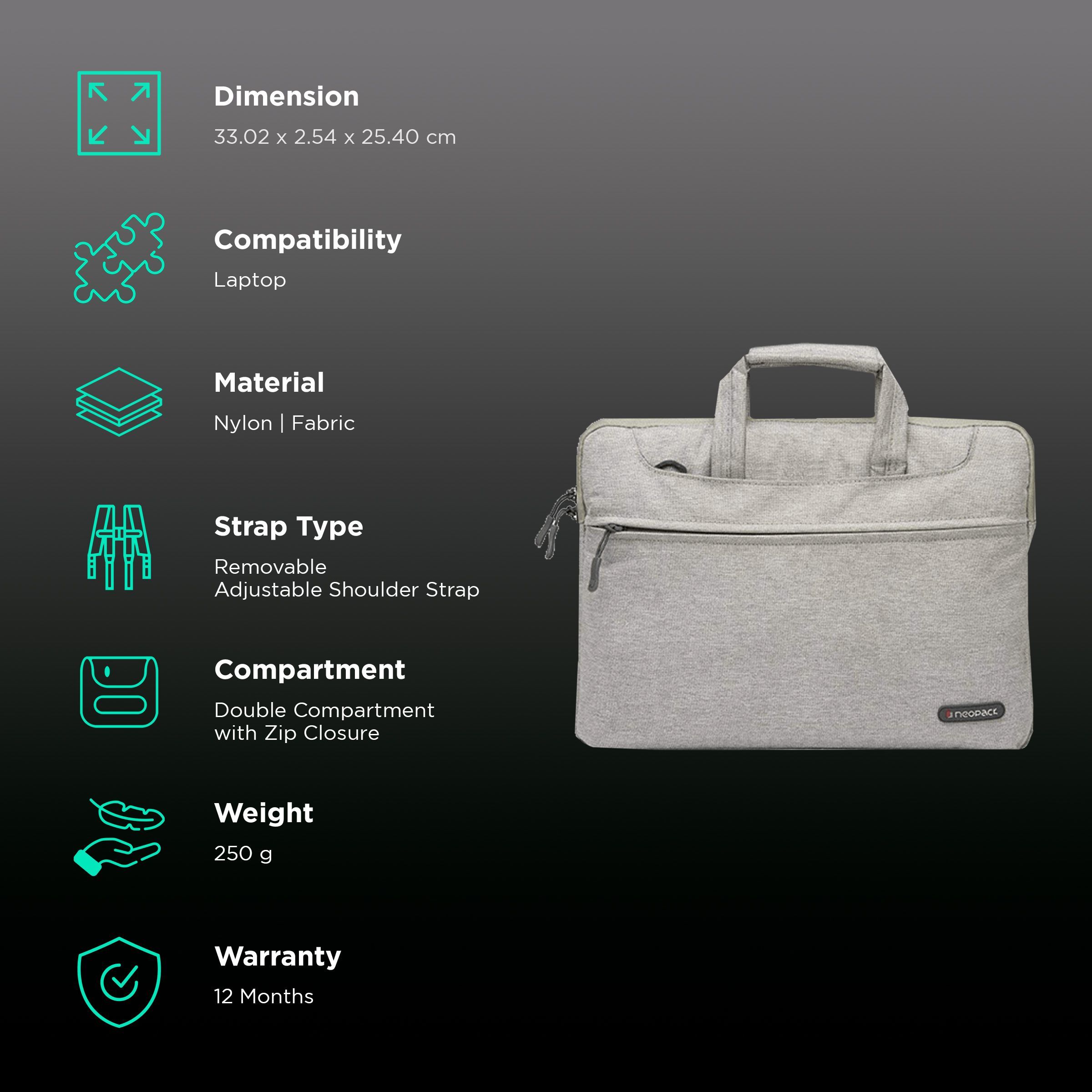 neopack Svelte Nylon, Fabric Laptop Sling Bag for 13.3 & 14.2 Inch Laptop (Lightweight, Stone Grey)_3