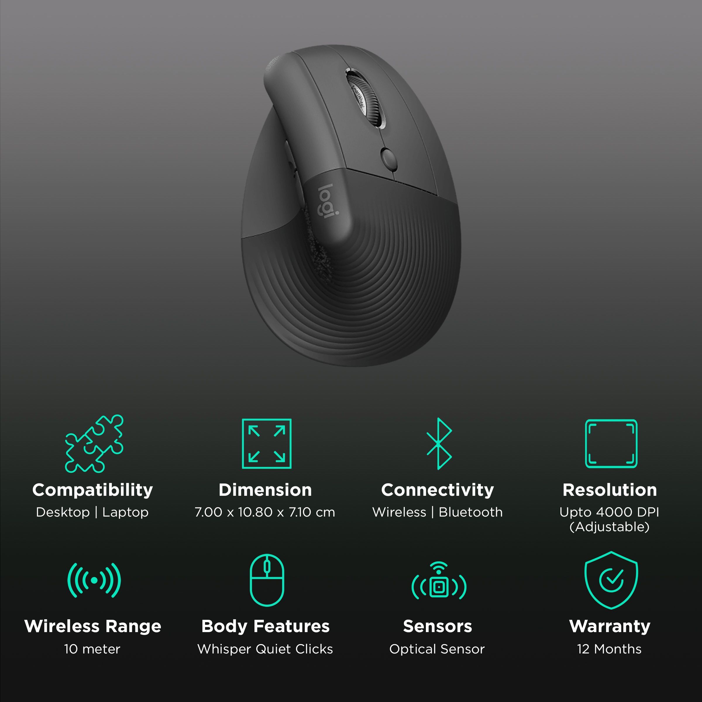 logitech Lift Wireless Optical Vertical Mouse with Thumb Rest (4000 DPI Adjustable, Whisper Quiet Clicks, Graphite)_2