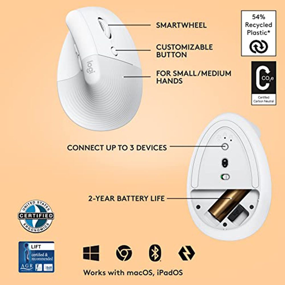 logitech Lift Wireless Optical Vertical Mouse with Thumb Rest (4000 DPI Adjustable, Whisper Quiet Clicks, Off White)_10