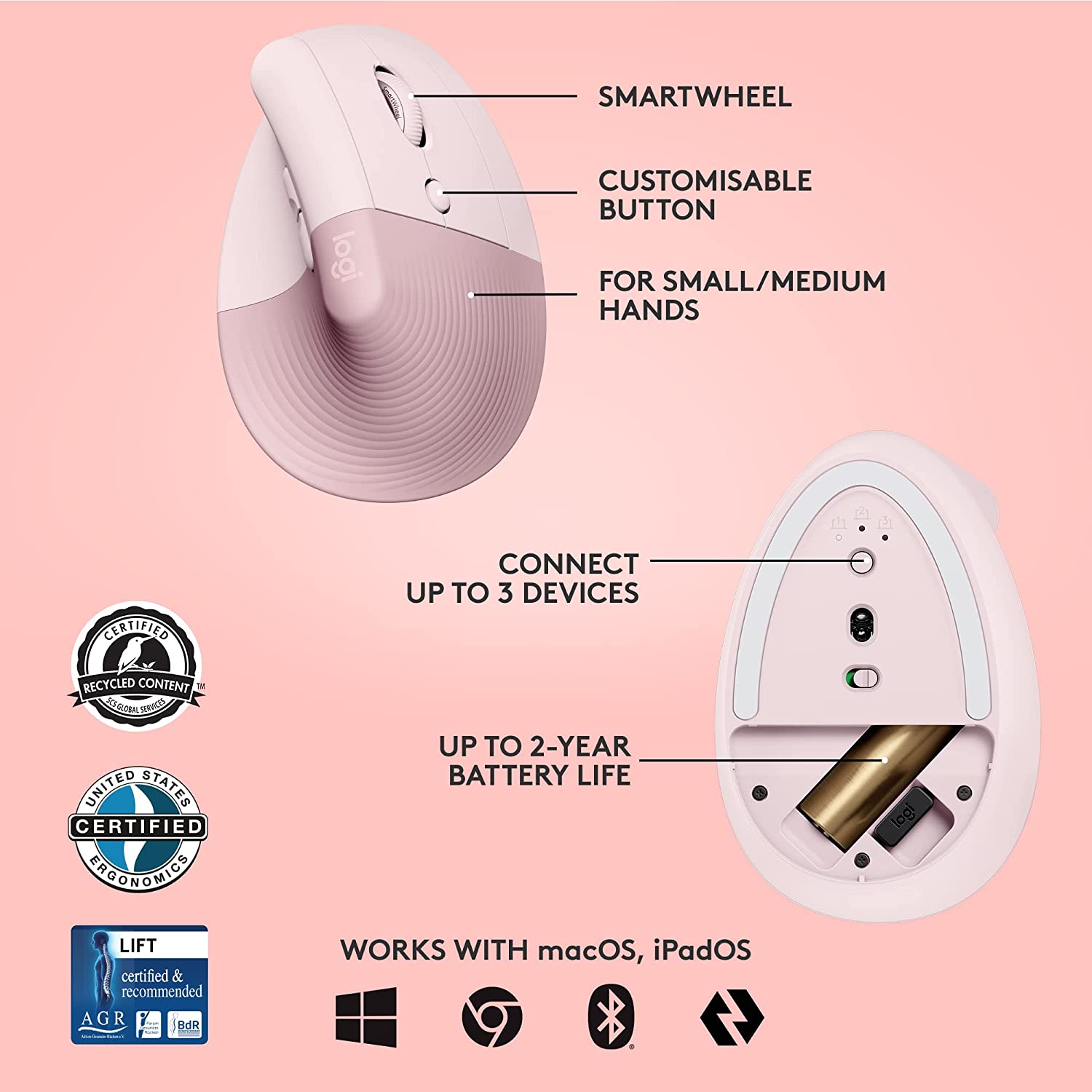 logitech Lift Wireless Optical Vertical Mouse with Thumb Rest (4000 DPI Adjustable, Whisper Quiet Clicks, Rose)_12