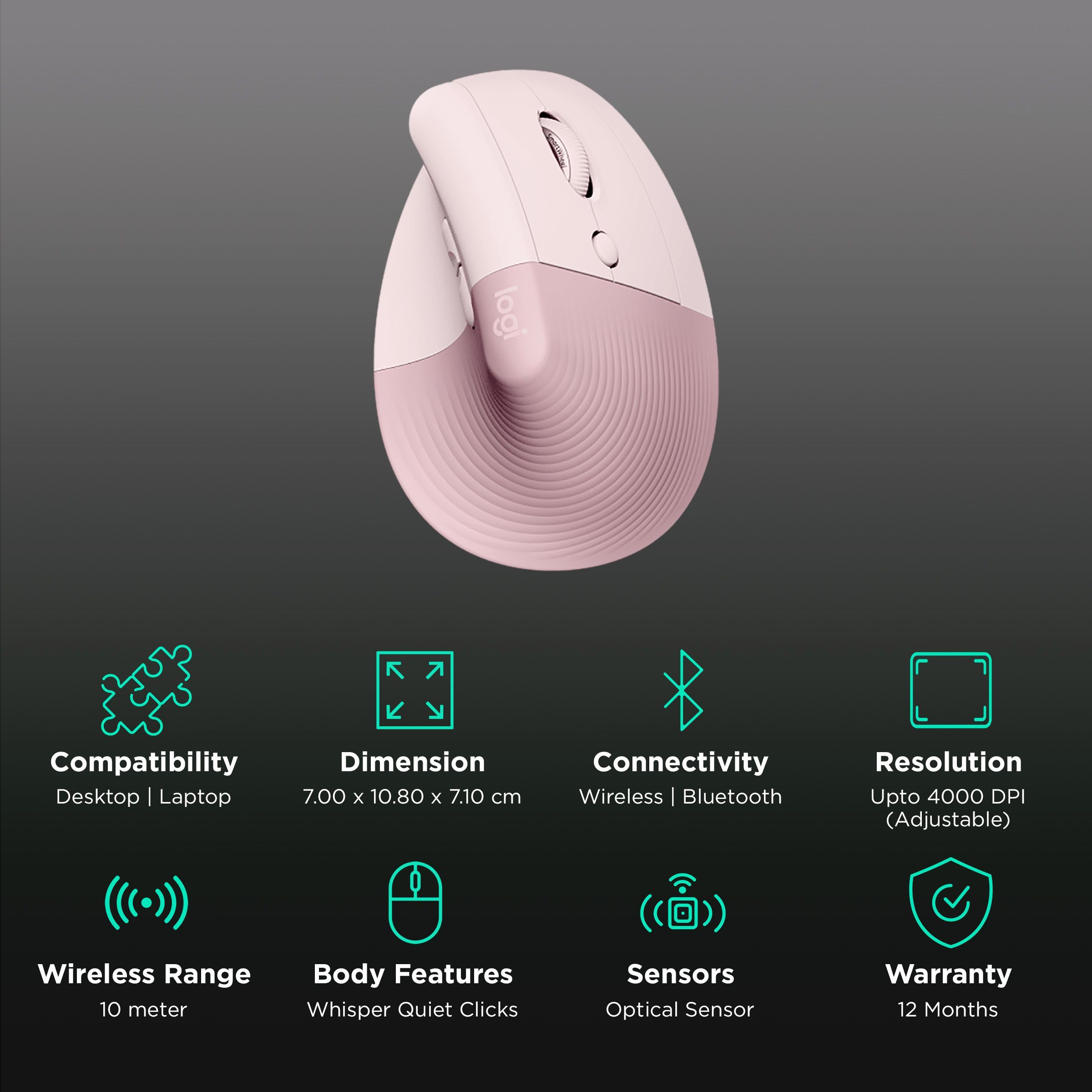 logitech Lift Wireless Optical Vertical Mouse with Thumb Rest (4000 DPI Adjustable, Whisper Quiet Clicks, Rose)_2