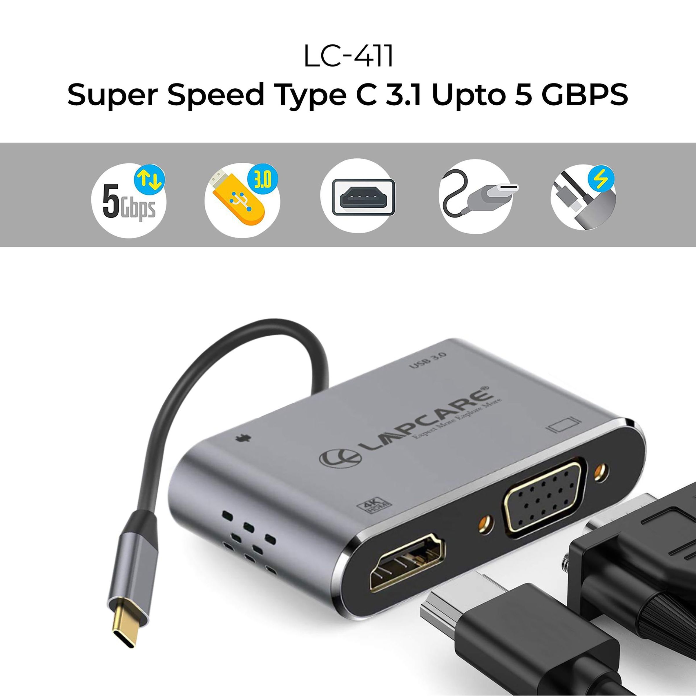 LAPCARE Lap-C 4-in-1 USB Type C to HDMI, VGA Port, USB 3.0 Type A, USB Type C Docking Station (Instant Expansion, Black) LAPCARE Lap-C 4-in-1 USB Type C to HDMI, VGA Port, USB 3.0 Type A, USB Type C Docking Station (Instant Expansion, Black)_10