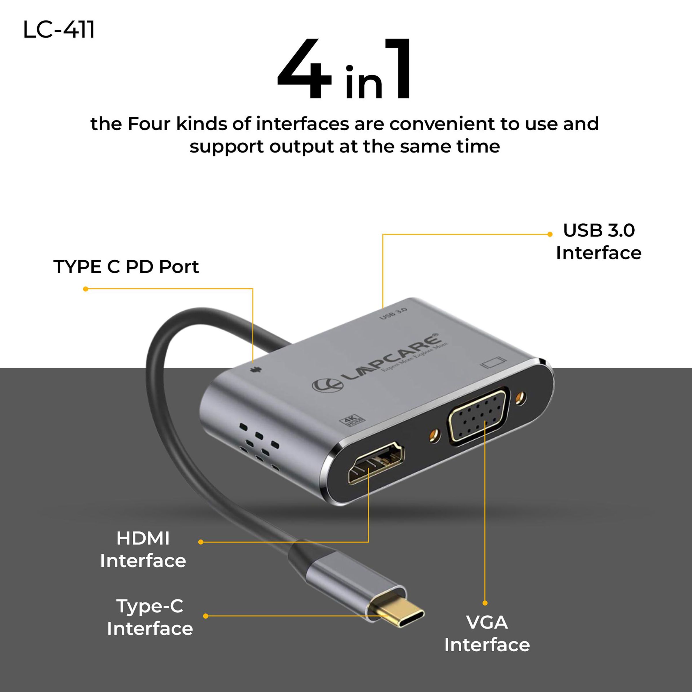 LAPCARE Lap-C 4-in-1 USB Type C to HDMI, VGA Port, USB 3.0 Type A, USB Type C Docking Station (Instant Expansion, Black) LAPCARE Lap-C 4-in-1 USB Type C to HDMI, VGA Port, USB 3.0 Type A, USB Type C Docking Station (Instant Expansion, Black)_12