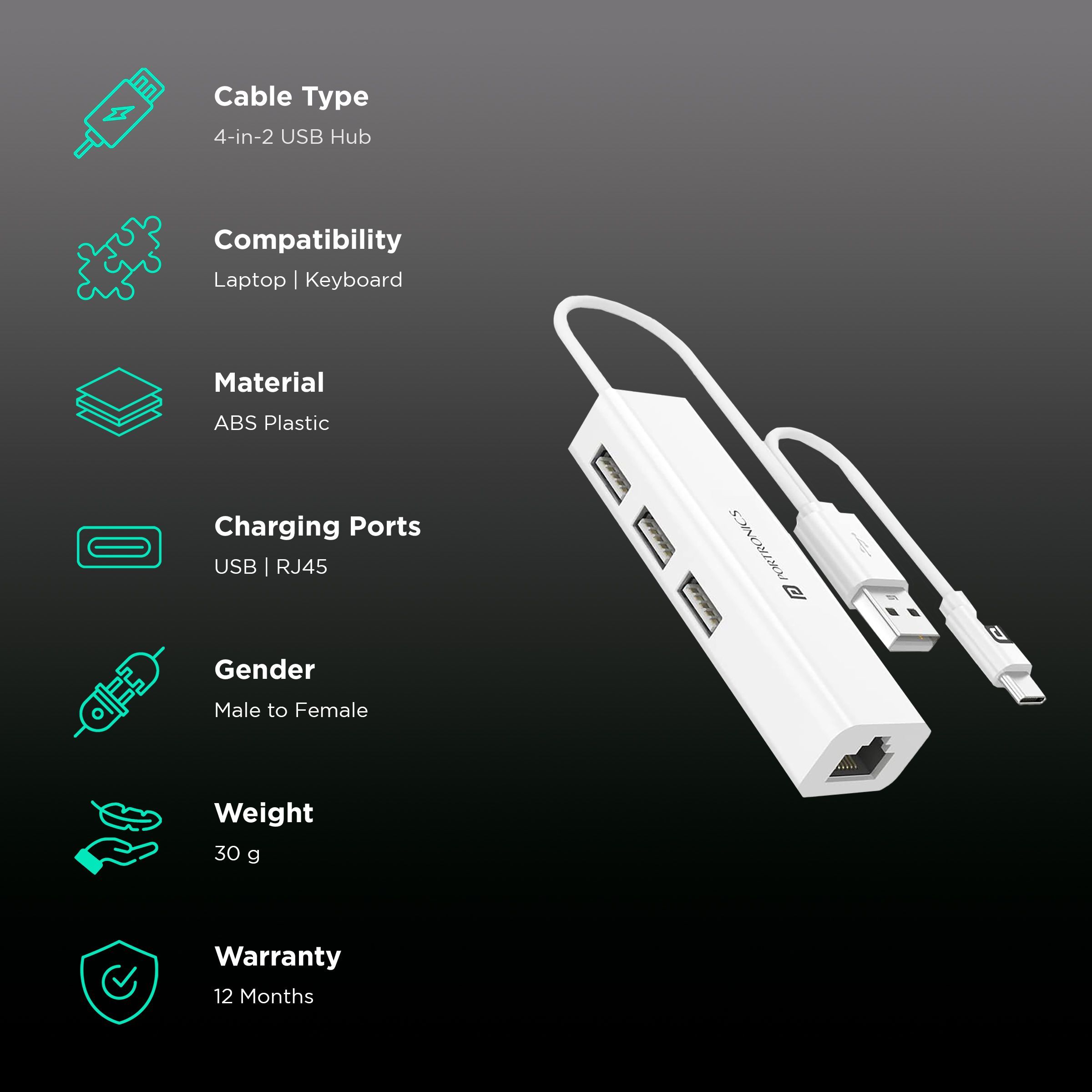 PORTRONICS Mport 60 4-in-2 USB 2.0 Type A, USB 2.0 Type C to USB 2.0 Type A, RJ45 USB Hub (Universal Connectivity, White) PORTRONICS Mport 60 4-in-2 USB 2.0 Type A, USB 2.0 Type C to USB 2.0 Type A, RJ45 USB Hub (Universal Connectivity, White)_2