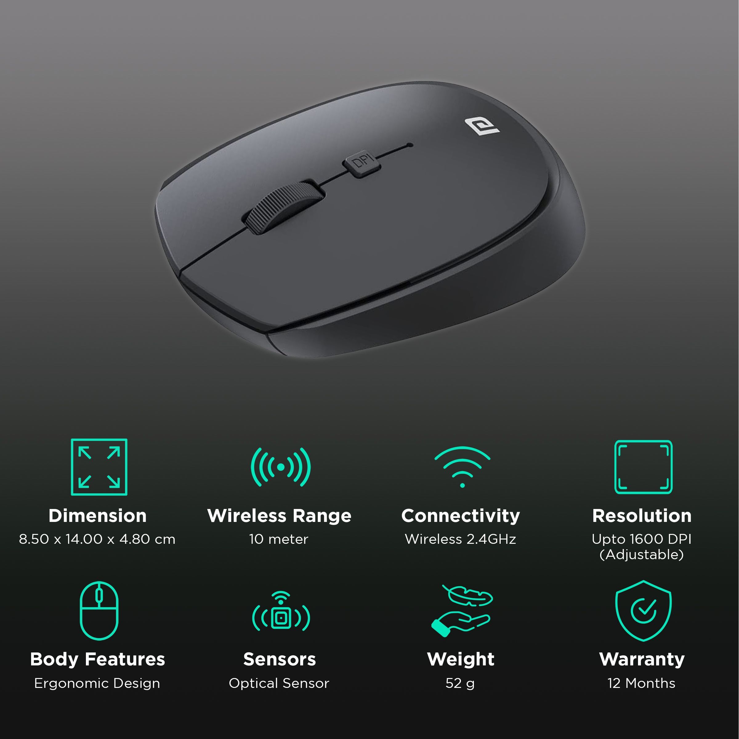 PORTRONICS Toad 23 Wireless Optical Mouse (1600 DPI Adjustable, Ergonomic Design, Black) PORTRONICS Toad 23 Wireless Optical Mouse (1600 DPI Adjustable, Ergonomic Design, Black)_2