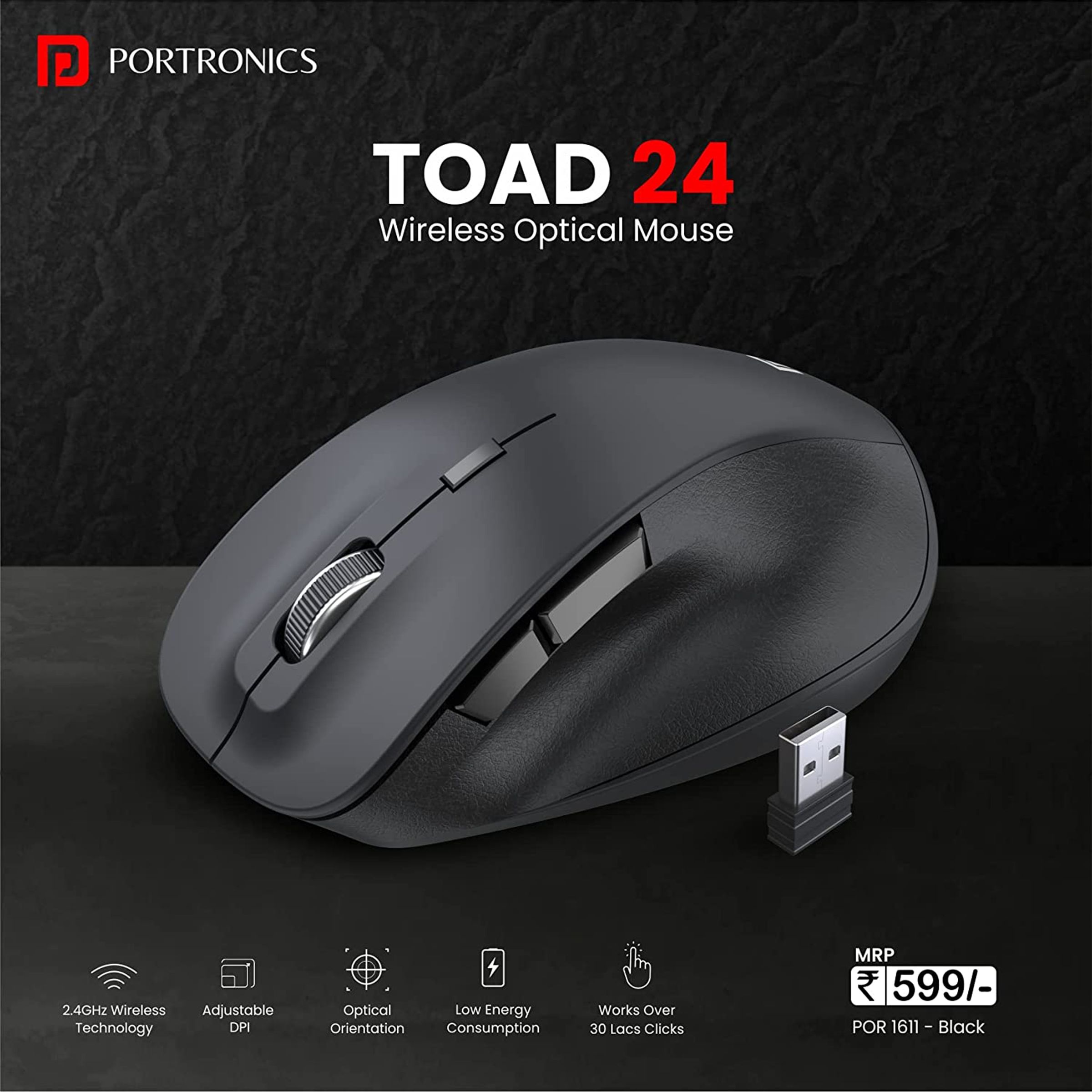 PORTRONICS Toad 24 Wireless Optical Mouse (1600 DPI Adjustable, Ergonomic Design, Black) PORTRONICS Toad 24 Wireless Optical Mouse (1600 DPI Adjustable, Ergonomic Design, Black)_5