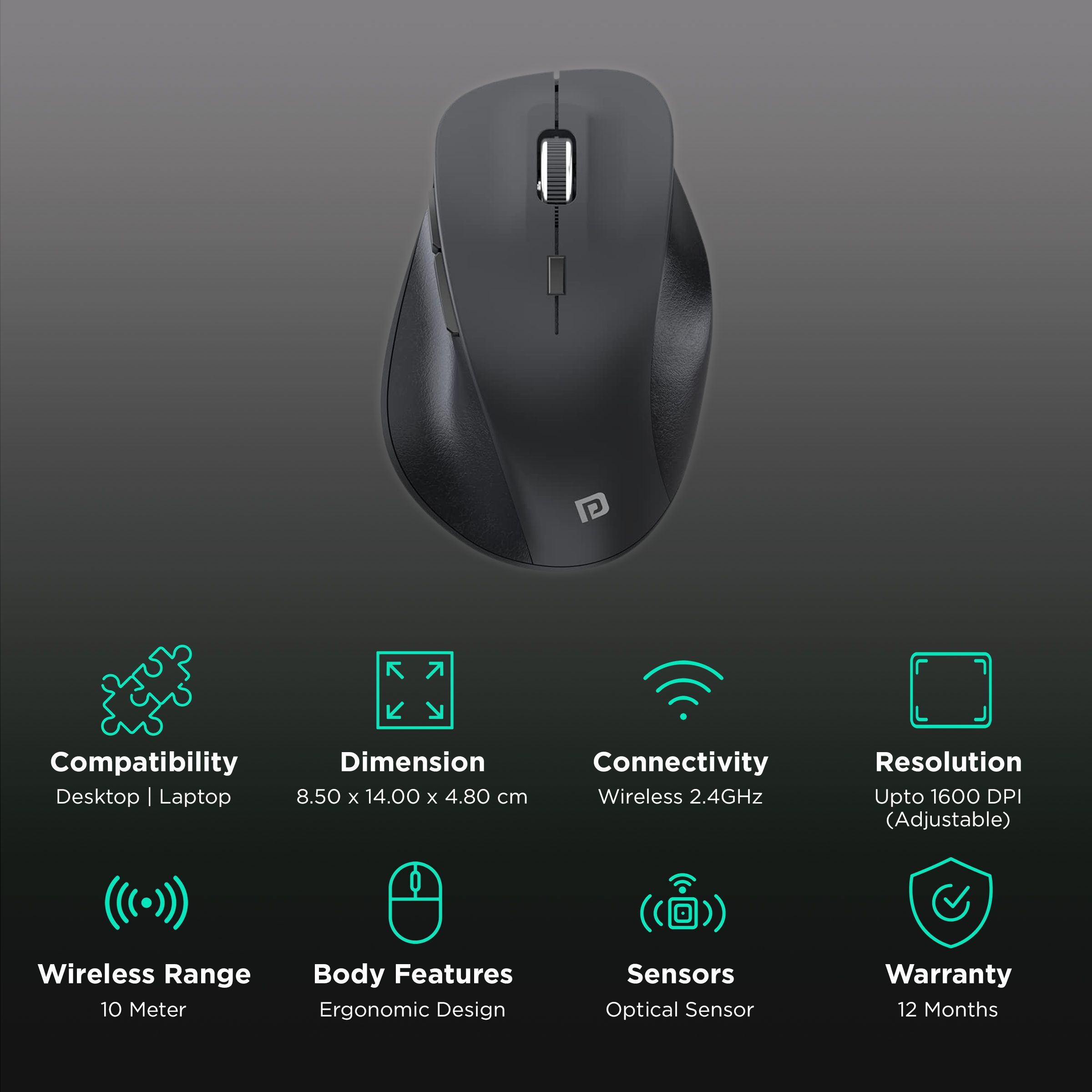 PORTRONICS Toad 24 Wireless Optical Mouse (1600 DPI Adjustable, Ergonomic Design, Black) PORTRONICS Toad 24 Wireless Optical Mouse (1600 DPI Adjustable, Ergonomic Design, Black)_2