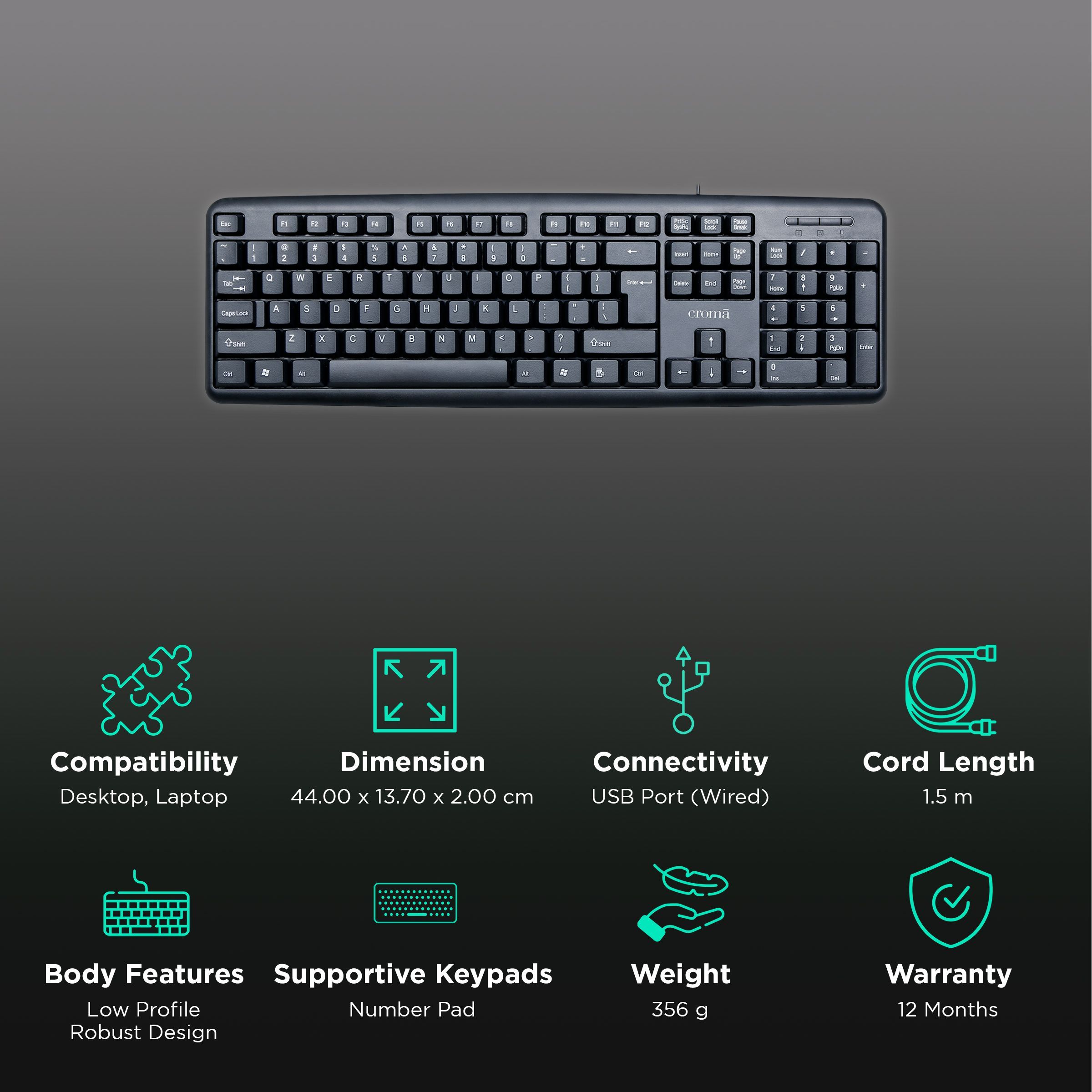 Croma Wired Keyboard with Silent Keys (Robust Design, Black)_2
