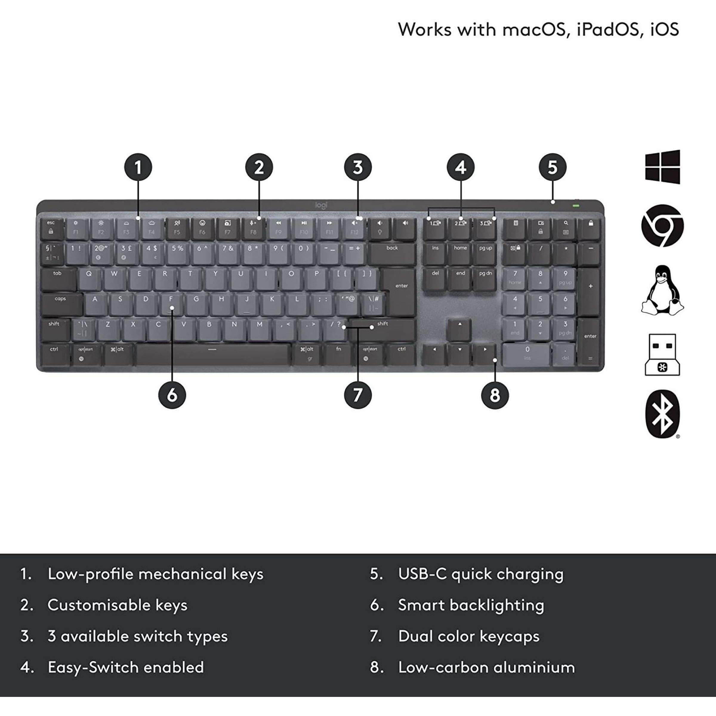 logitech MX Keys Mechanical Rechargeable Bluetooth Wireless Performance Keyboard with Multi Device Connectivity (Ambient Light Sensors, Graphite) logitech MX Keys Mechanical Rechargeable Bluetooth Wireless Performance Keyboard with Multi Device Connectivity (Ambient Light Sensors, Graphite)_14