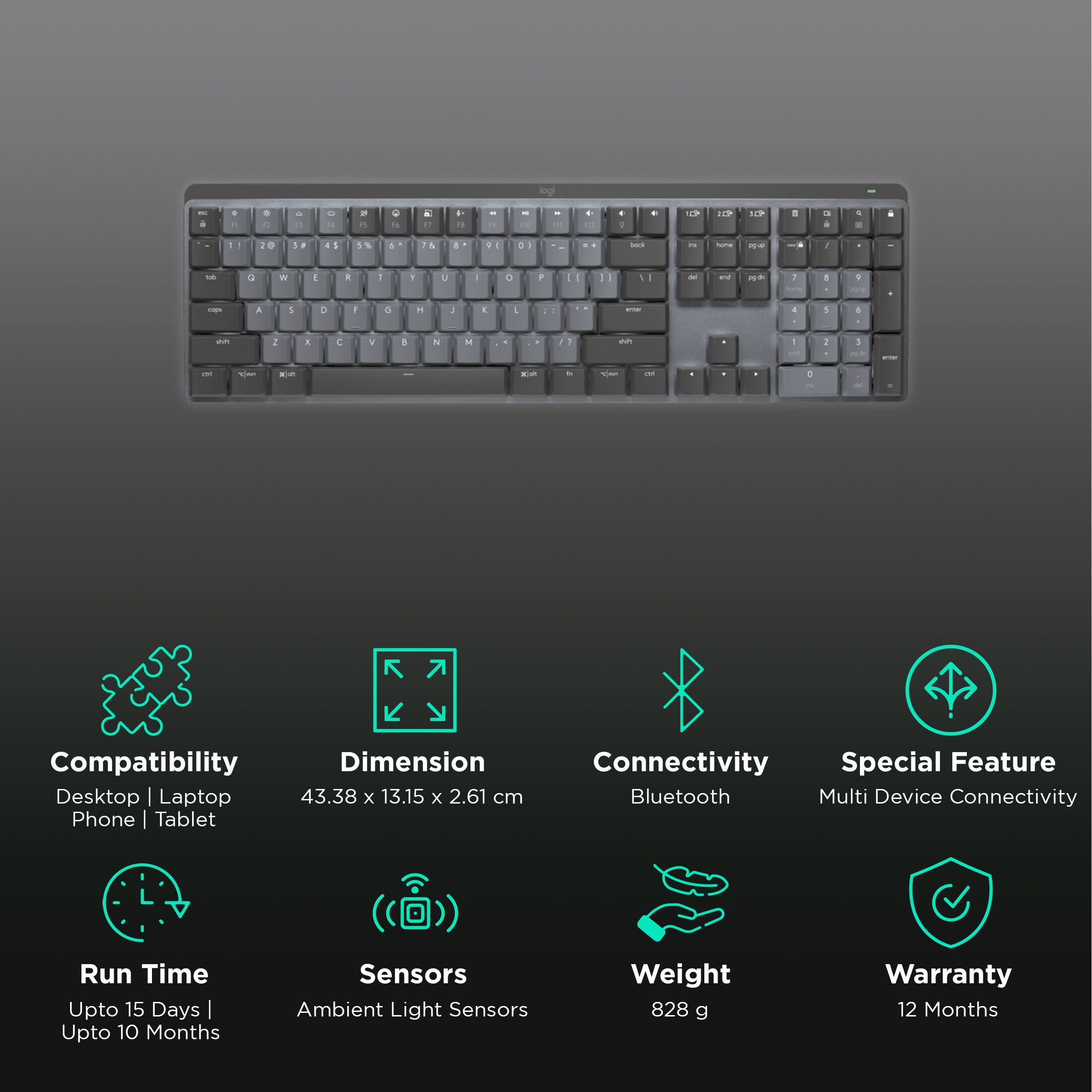 logitech MX Keys Mechanical Rechargeable Bluetooth Wireless Performance Keyboard with Multi Device Connectivity (Ambient Light Sensors, Graphite) logitech MX Keys Mechanical Rechargeable Bluetooth Wireless Performance Keyboard with Multi Device Connectivity (Ambient Light Sensors, Graphite)_2