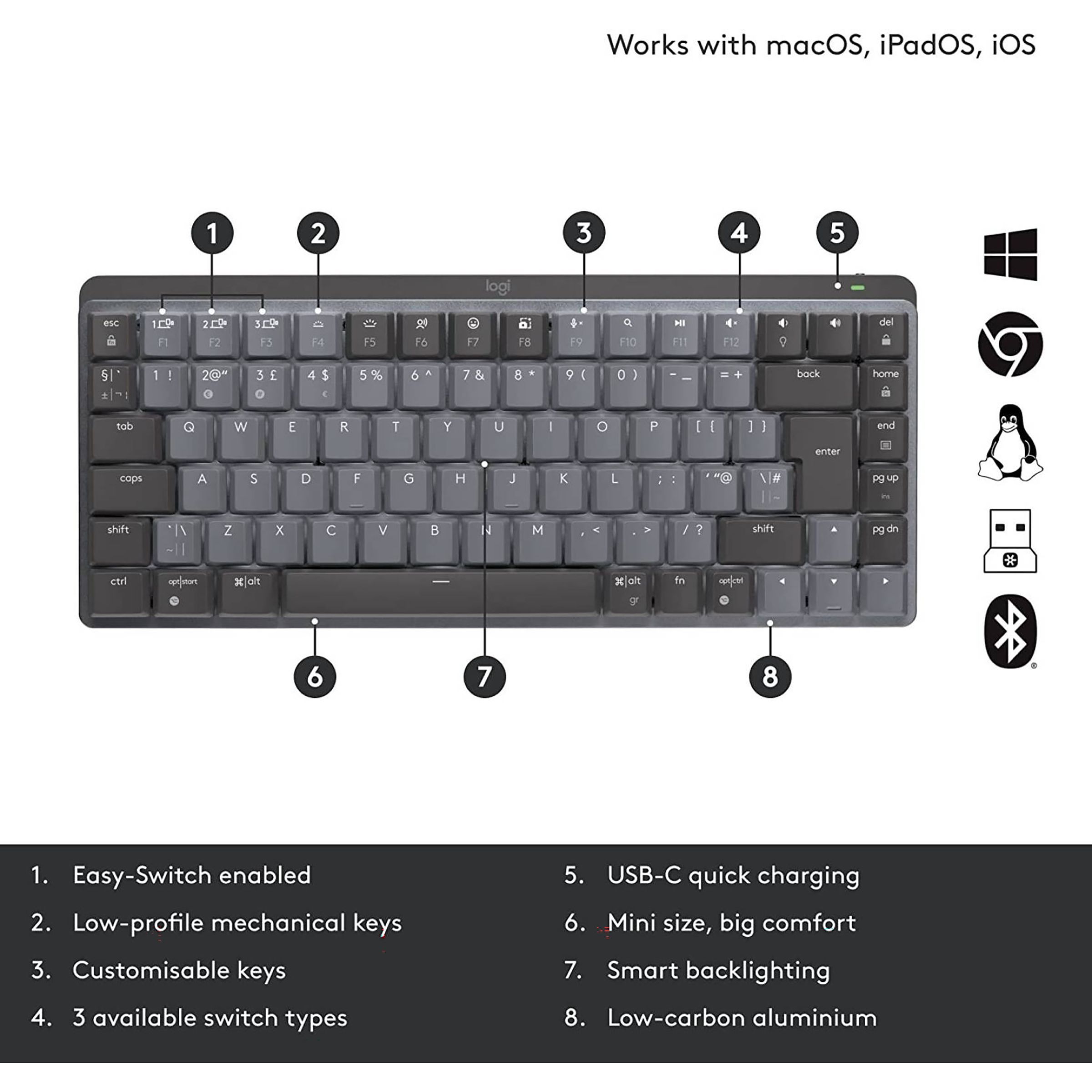 logitech MX Mechanical Mini Rechargeable Bluetooth Wireless Performance Keyboard with Multi Device Connectivity (Ambient Light Sensors, Graphite)_16