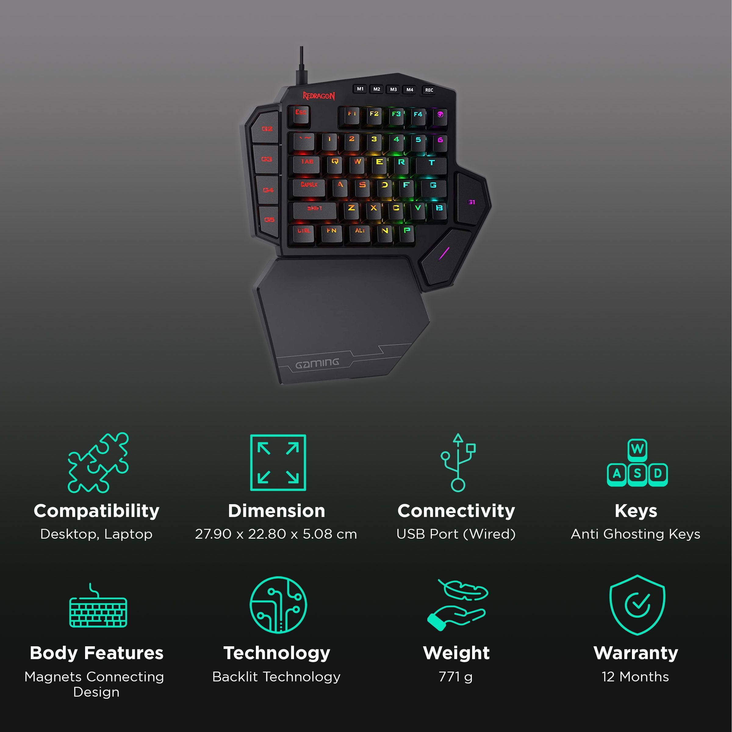 REDRAGON Diti K585 Wired Keyboard with RGB LED Backlit Keys (Detachable Wrist Rest, Black)_2