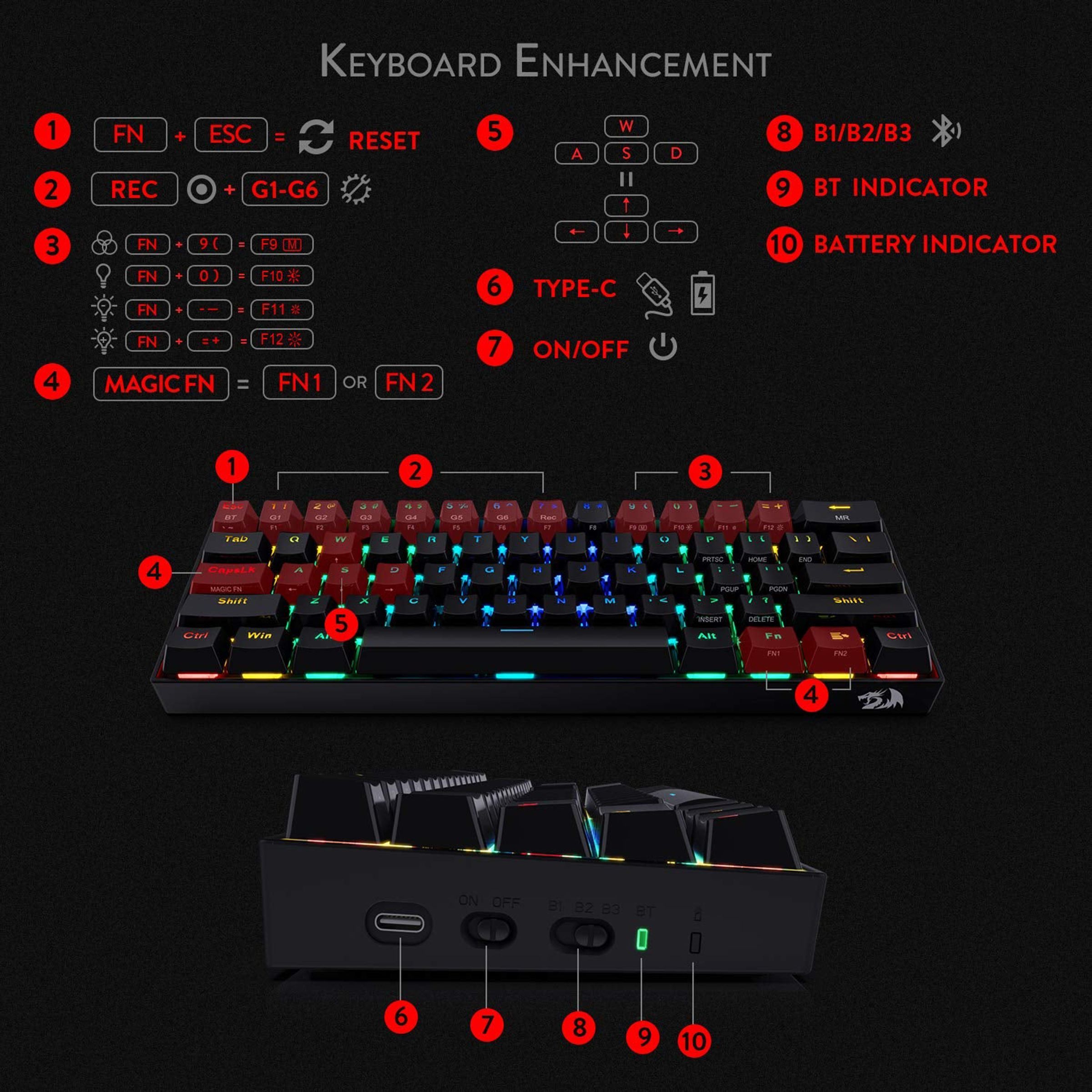 REDRAGON Draconic K530 Wireless Gaming Keyboard (RGB Backlight Brown Switch, Black)_8