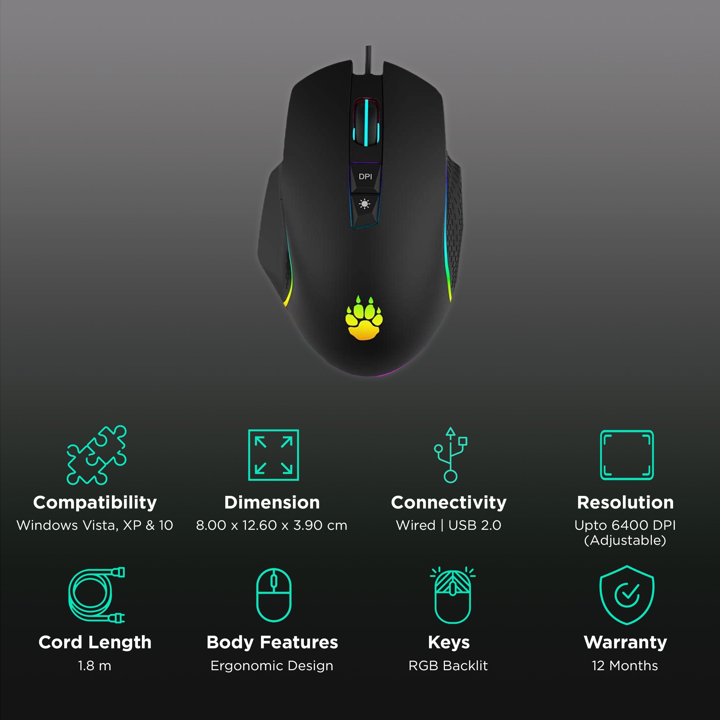 Claw Chuff Wired Optical Gaming Mouse with Customizable Buttons (6400 DPI Adjustable, Ergonomic Design, Black)_2