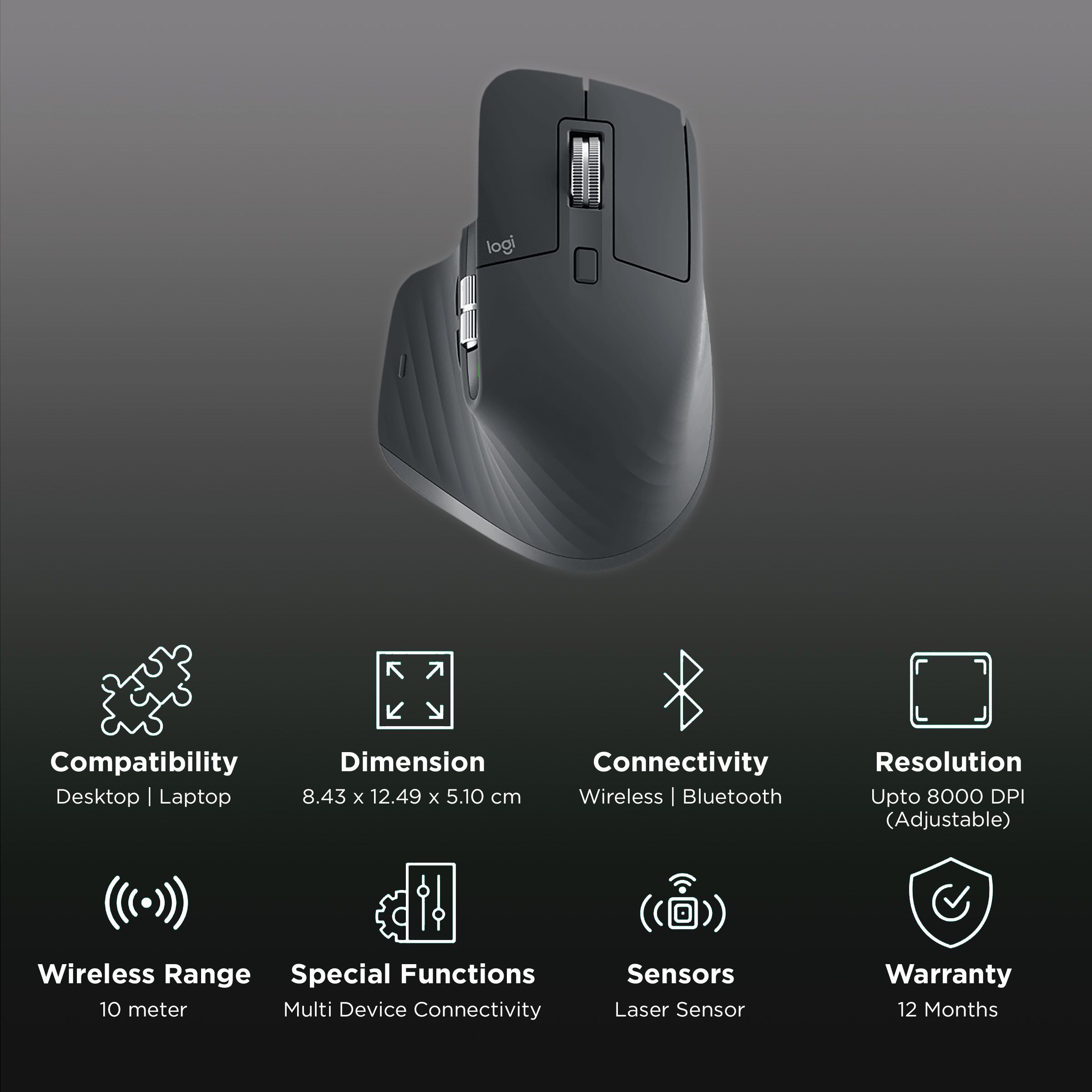 logitech MX Master 3S Rechargeable Bluetooth Wireless Laser Performance Mouse with Thumb Wheel (8000 DPI Adjustable, Multi Device Connectivity, Graphite)_2