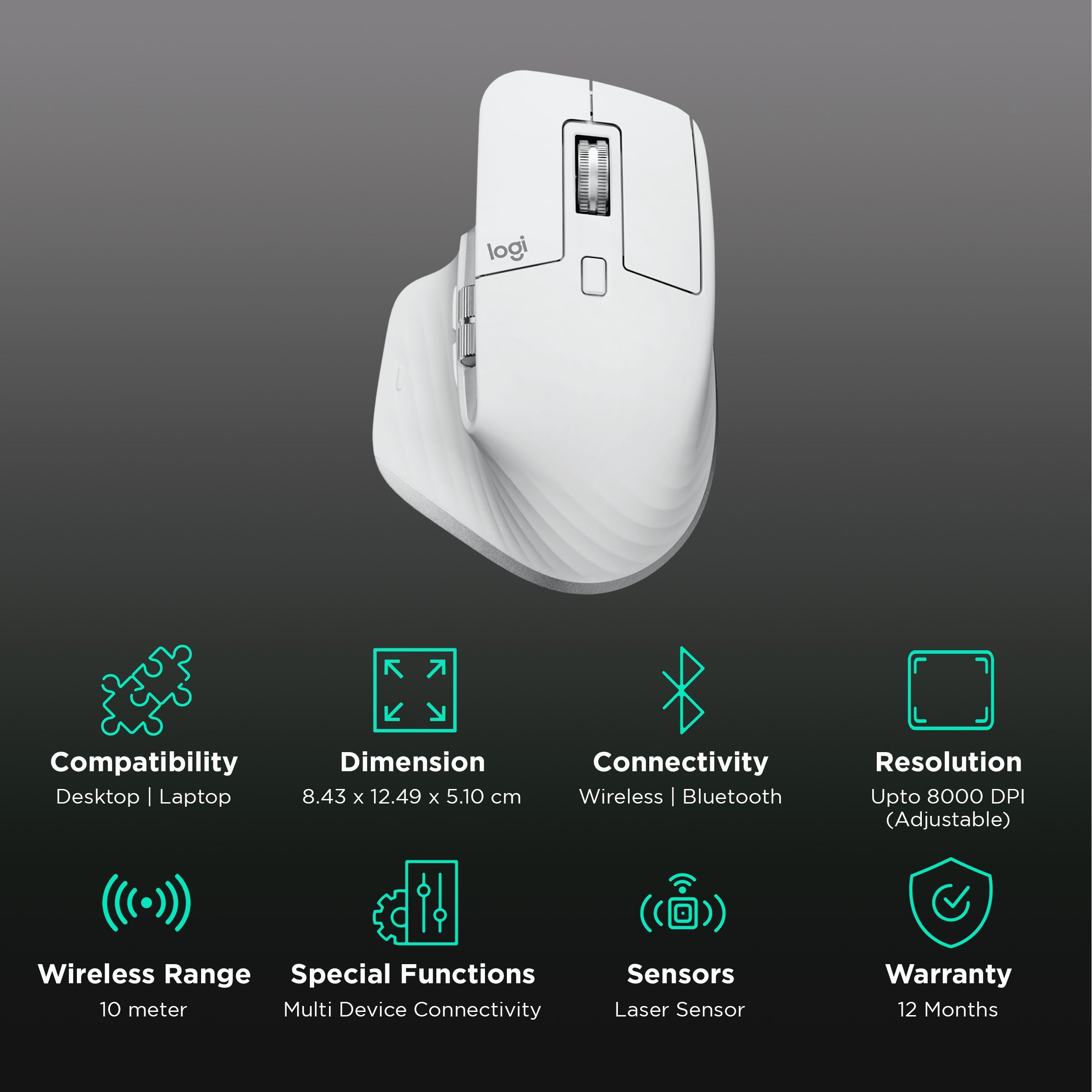logitech MX Master 3S Rechargeable Wireless Laser Performance Mouse with Thumb Wheel (8000 DPI Adjustable, Multi Device Connectivity, Pale Gray)_2