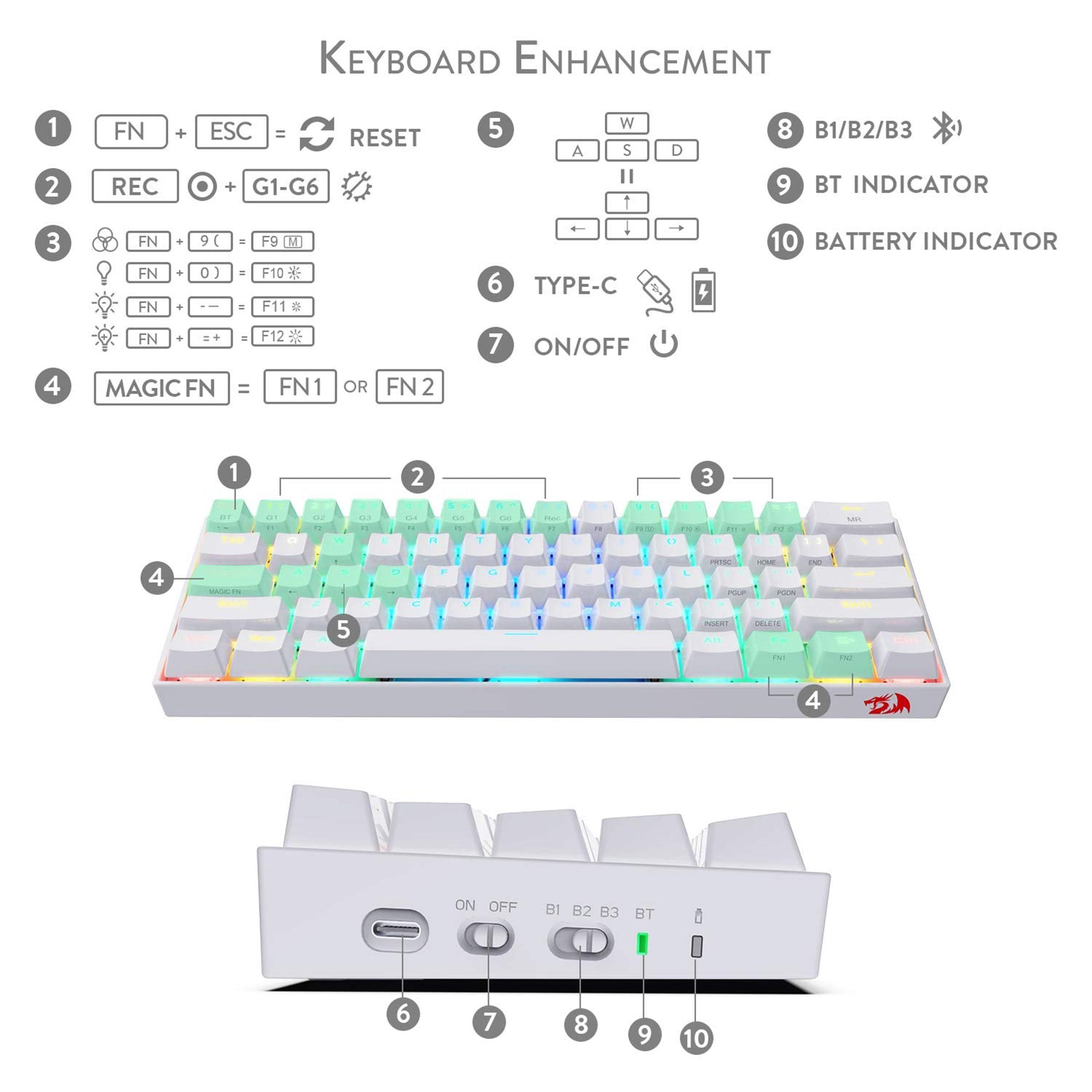 REDRAGON Draconic K530 Wireless Gaming Keyboard (RGB Backlight Brown Switch, White)_7