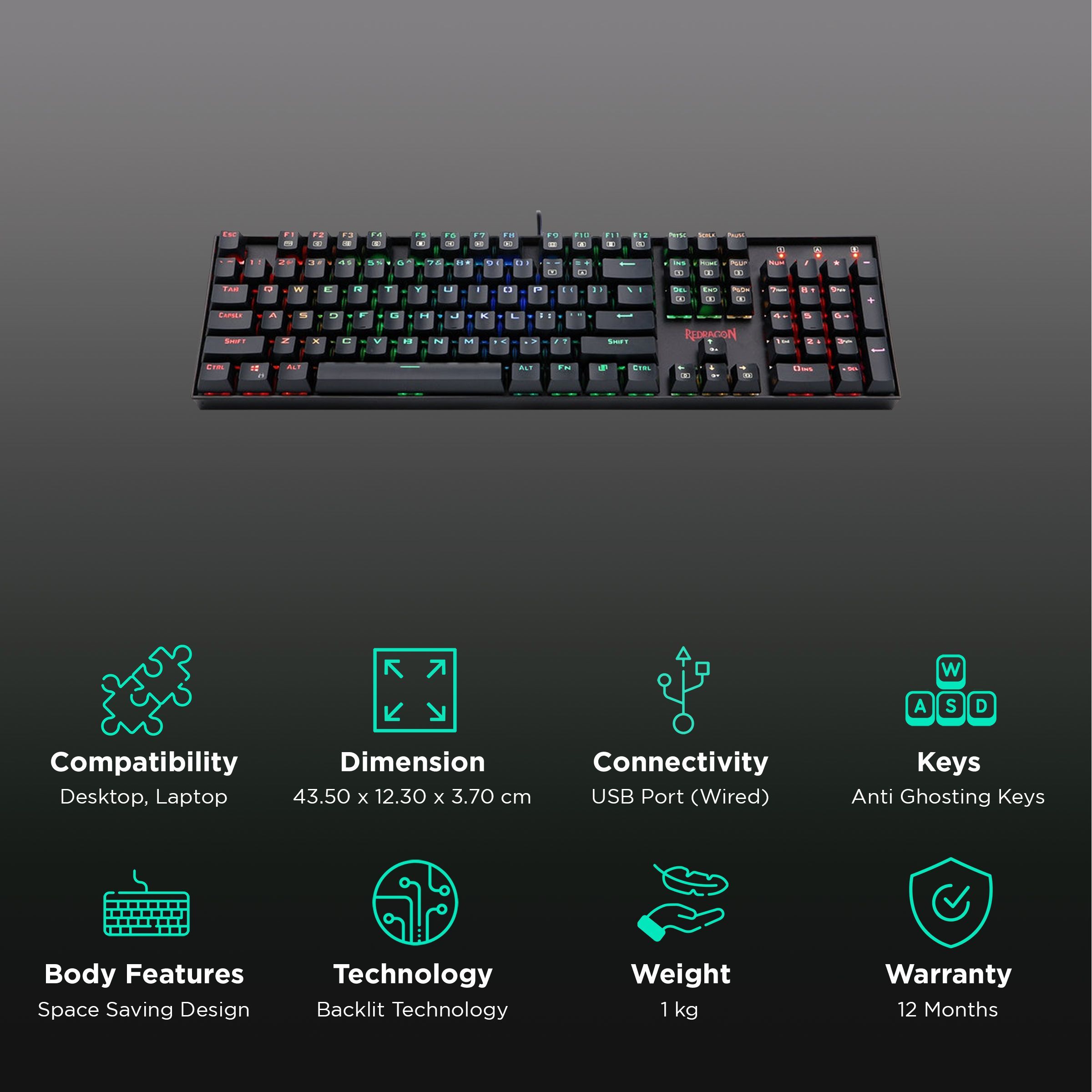 REDRAGON Mitra K551 Wired Keyboard with RGB LED Backlit Keys (Custom Mechanical Switches, Black)_2