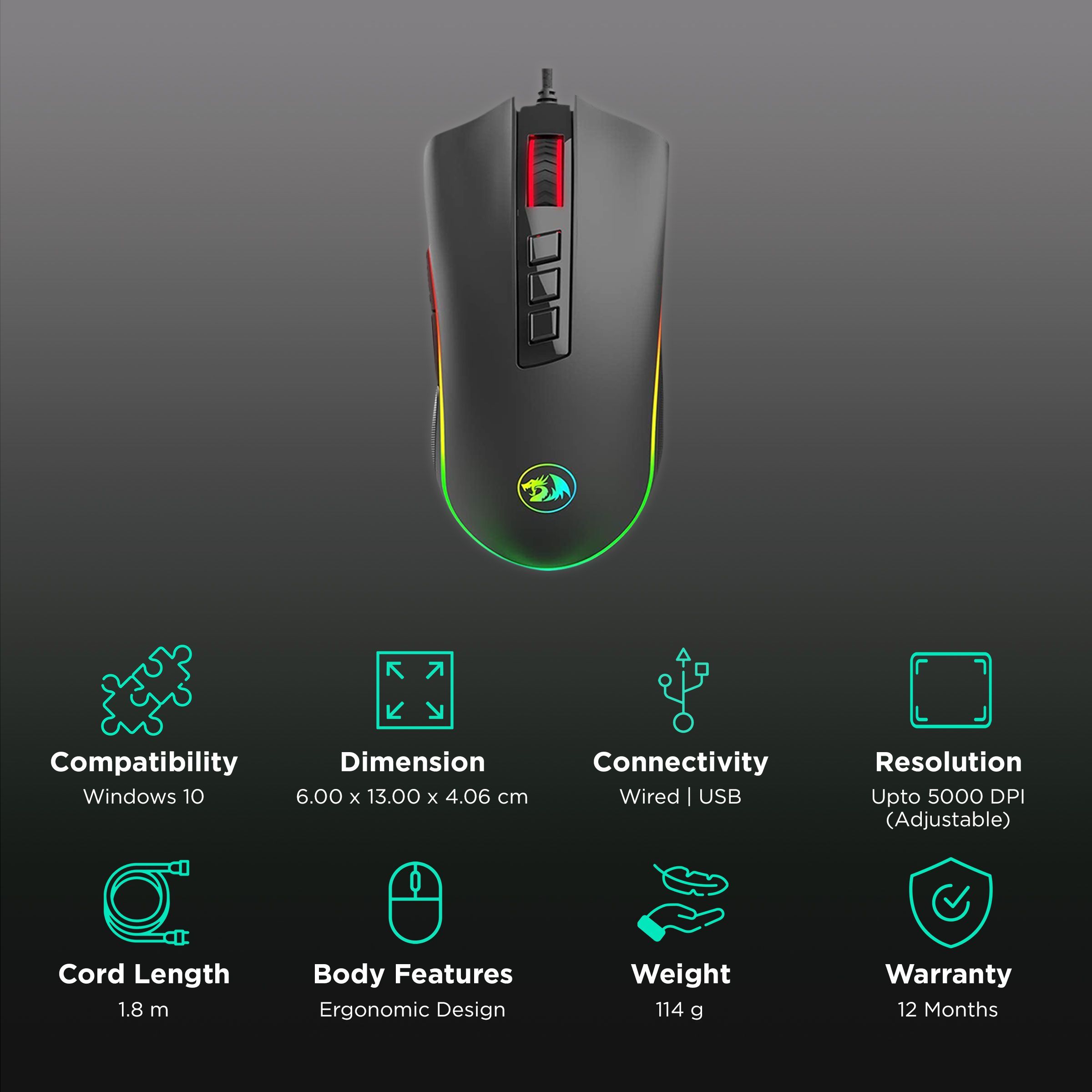 REDRAGON Cobra Wired Optical Gaming Mouse (5000 DPI Adjustable, Ergonomic Design, Black)_2