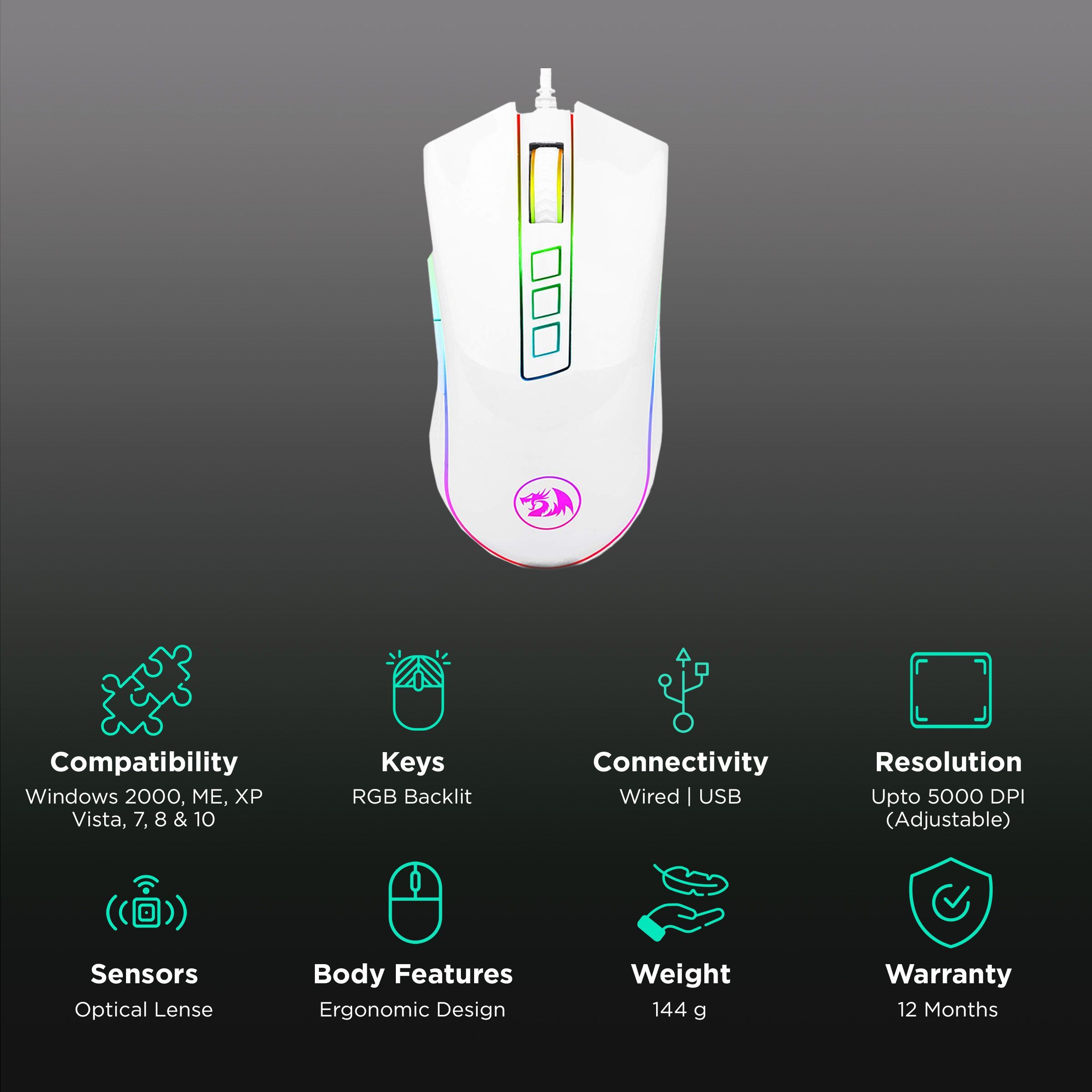REDRAGON Cobra Wired Optical Gaming Mouse (5000 DPI Adjustable, Ergonomic Design, White)_2