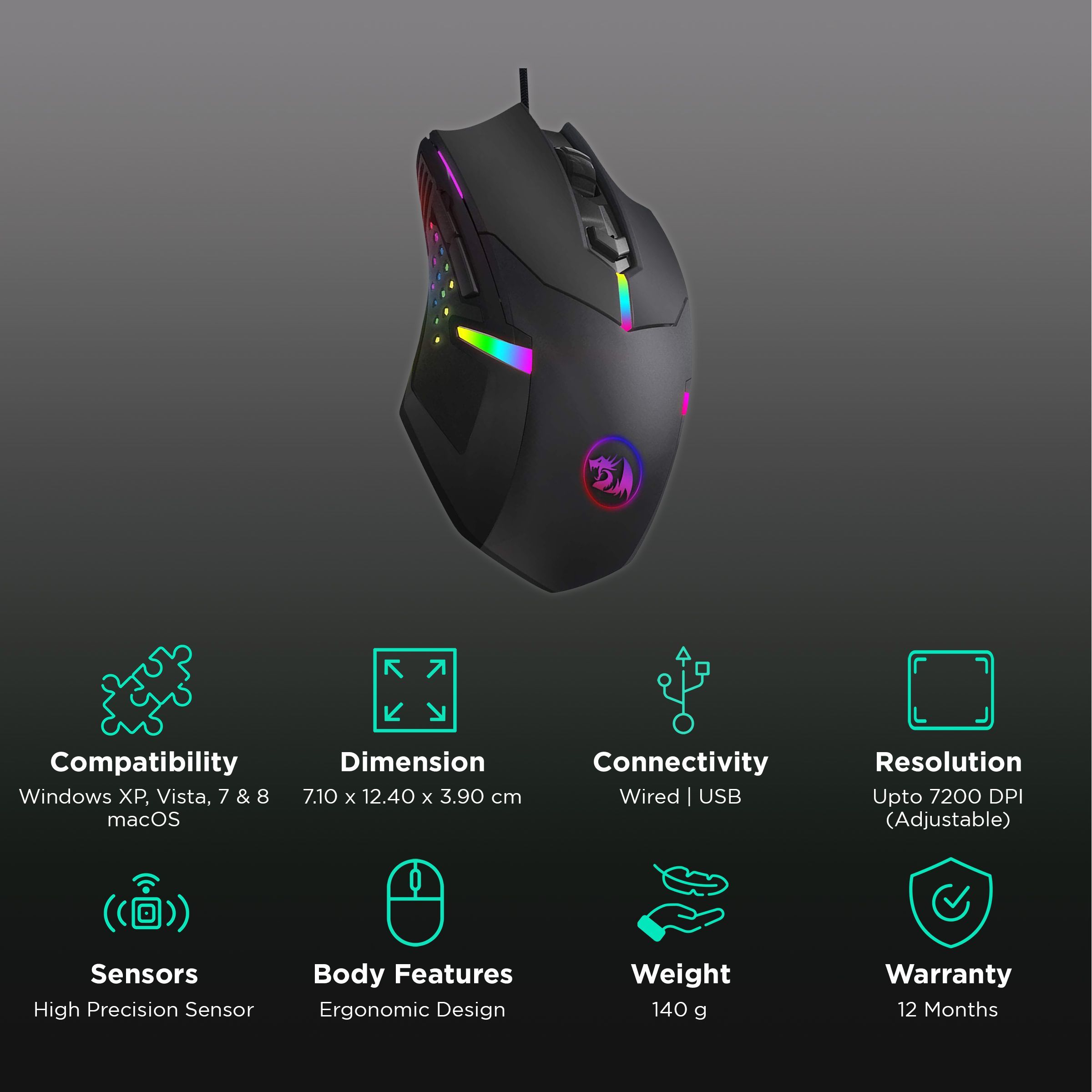 REDRAGON Centrophorus Wired Optical Gaming Mouse (7200 DPI Adjustable, Ergonomic Design, Black)_2