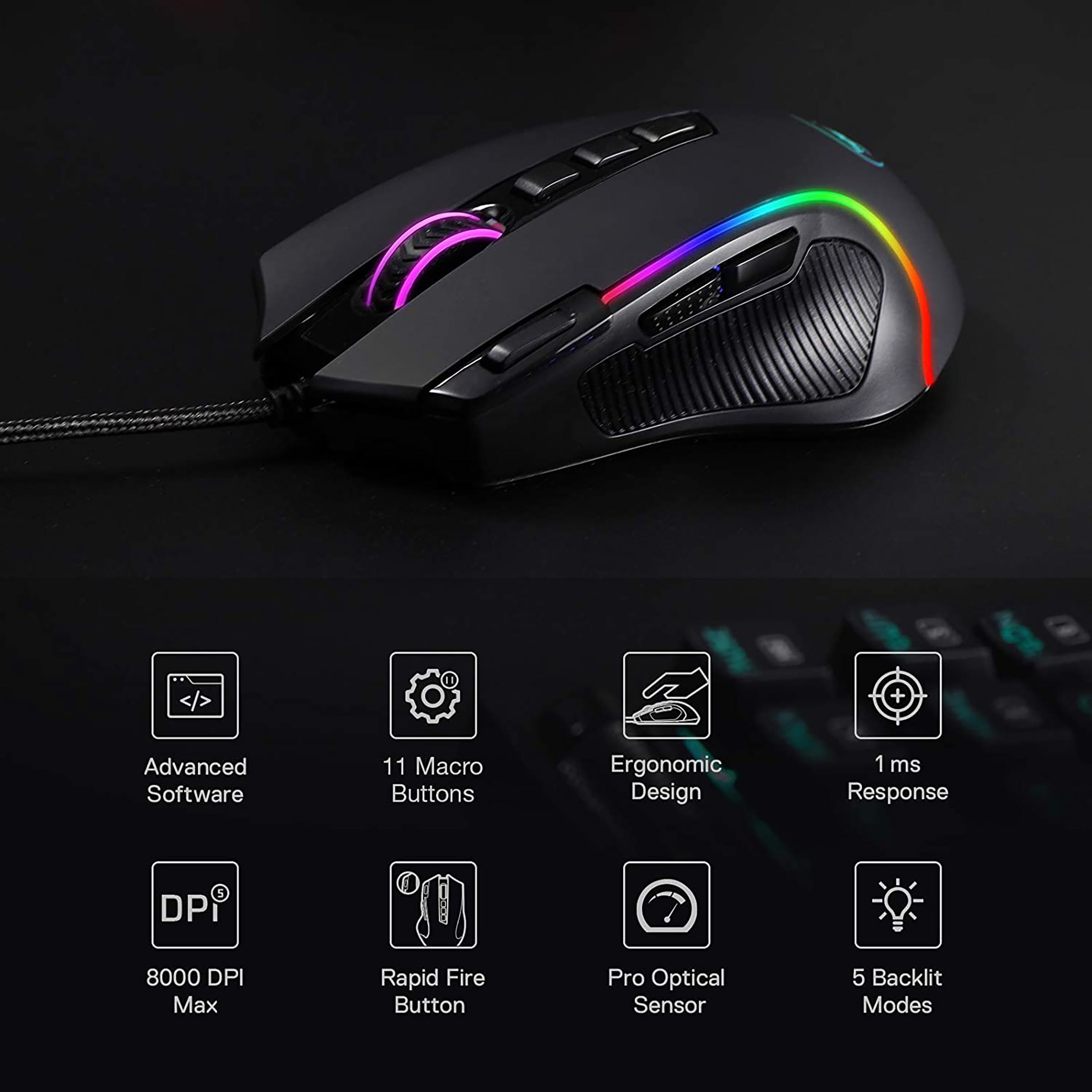 REDRAGON Predator Wired Optical Gaming Mouse with Customizable Buttons (4000 DPI, Ergonomic Design, Black)_11