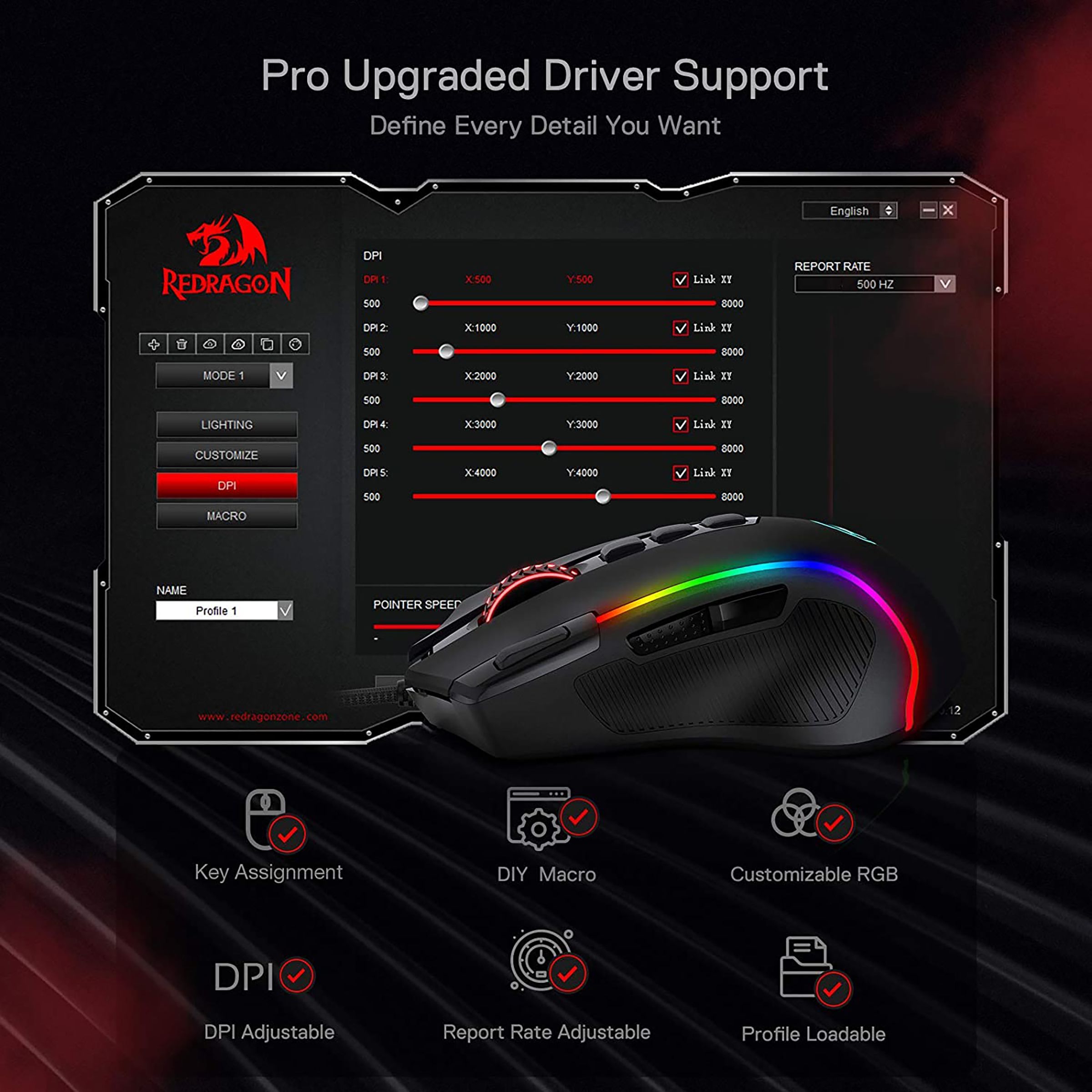 REDRAGON Predator Wired Optical Gaming Mouse with Customizable Buttons (4000 DPI, Ergonomic Design, Black)_5