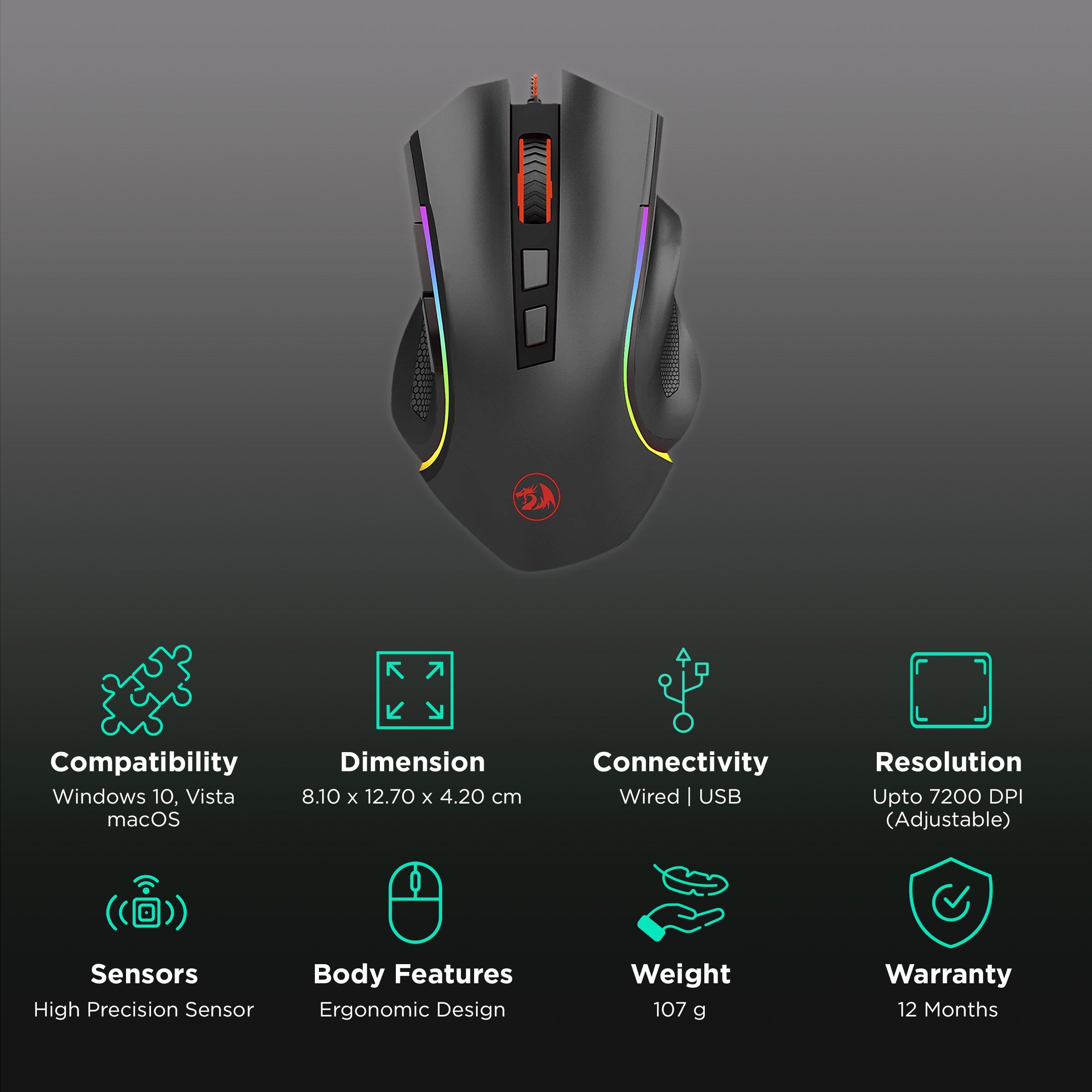 REDRAGON Griffin Wired Optical Gaming Mouse (7200 DPI Adjustable, Ergonomic Design, Black)_2
