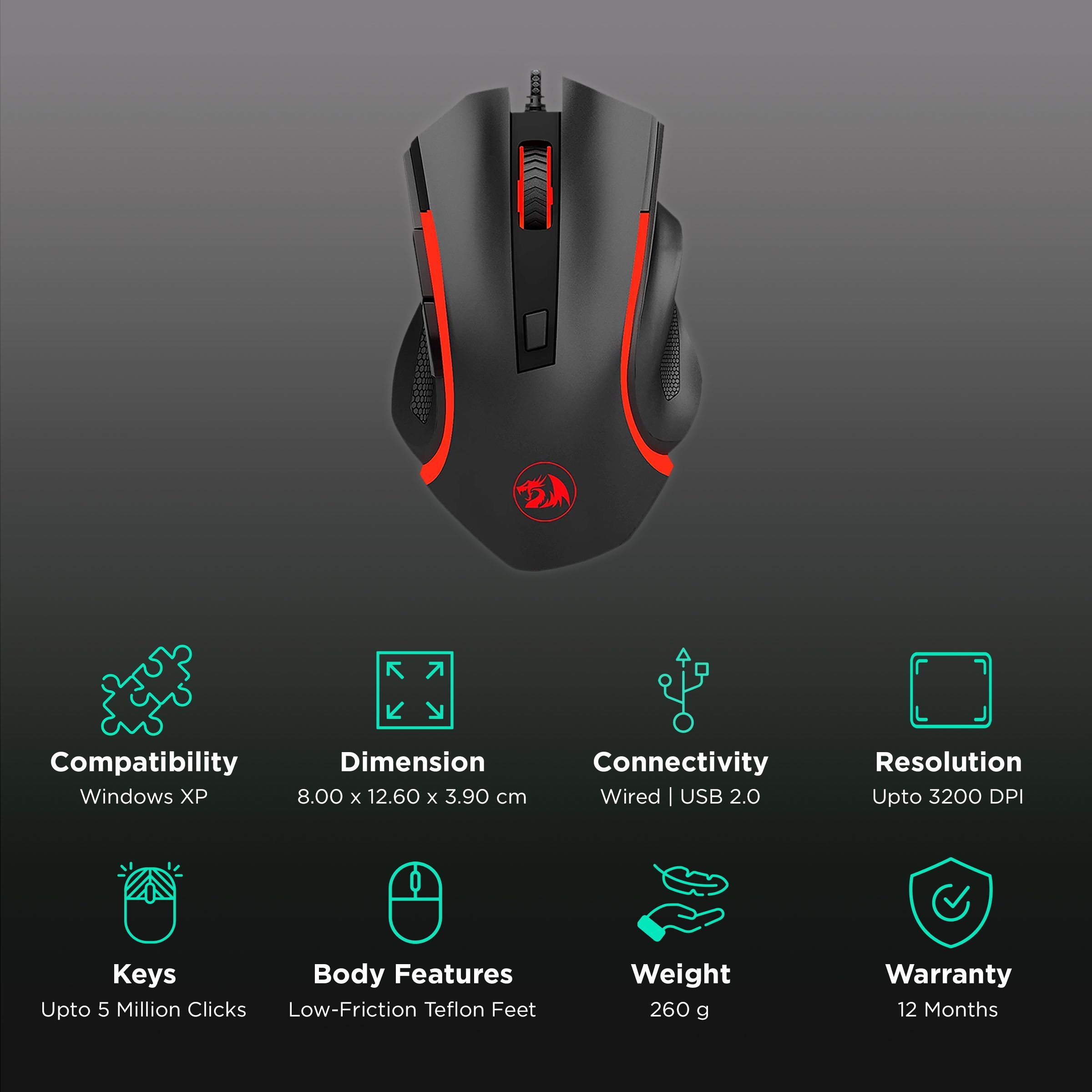 REDRAGON Nothosaur Wired Optical Gaming Mouse with Customizable Buttons (3200 DPI, 7 Colors Backlit, Black)_2